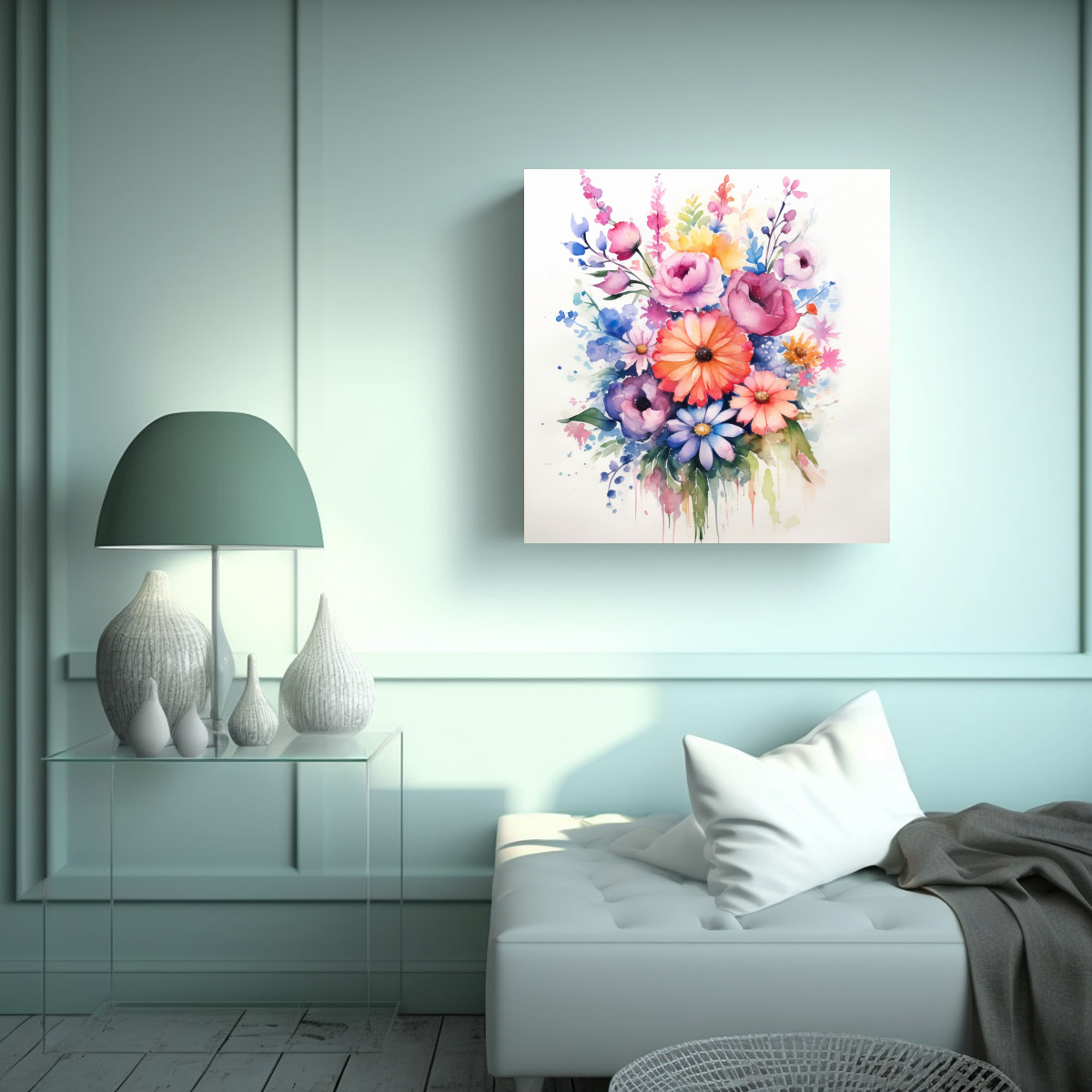 CUADRO DE TELA SUBLIMADA CON RAMO FLORES ACUARELA 80X80 CM - 2