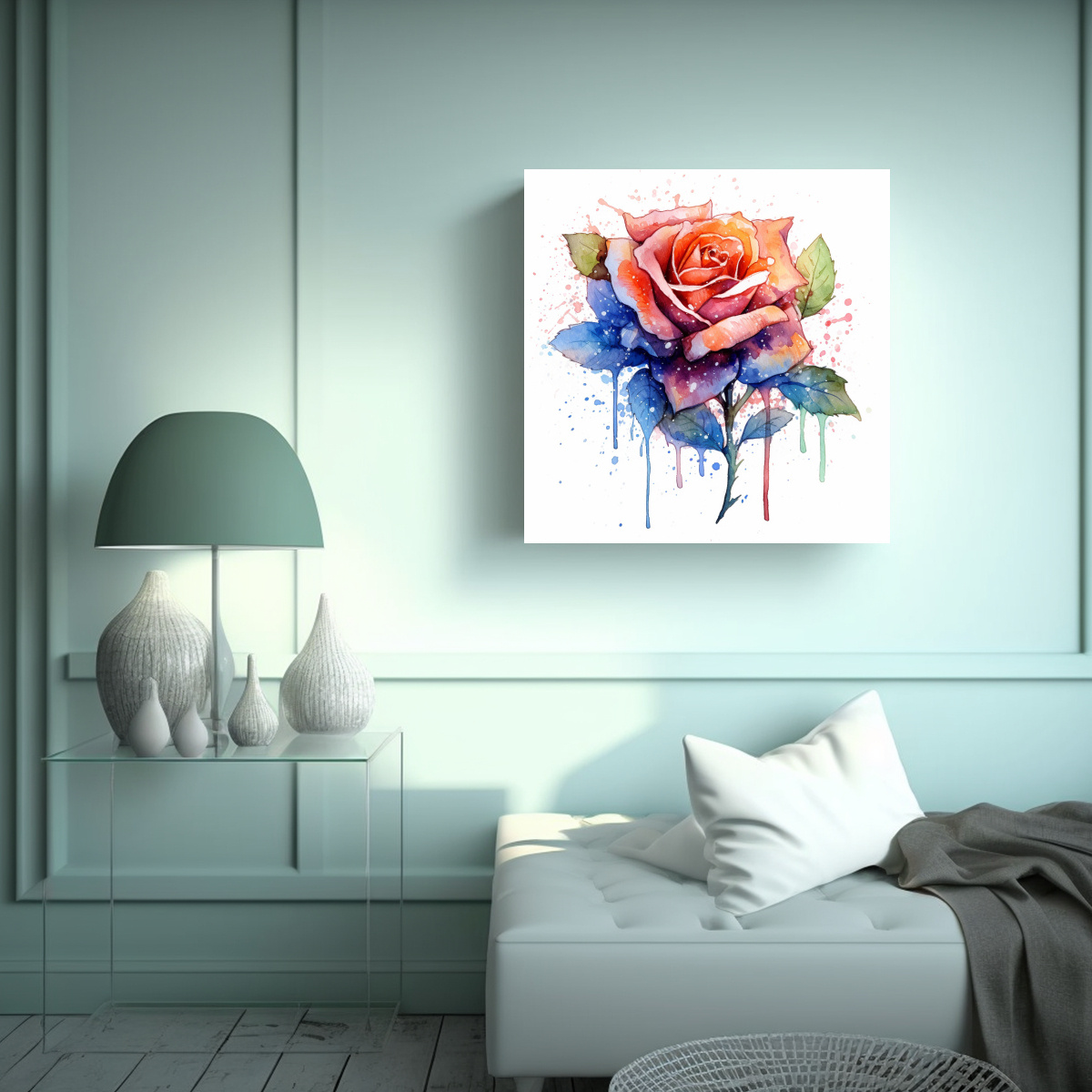 CUADRO DECORATIVO FLORAL ROSA EN ACUARELA Y TELA 30X30 CM - 2