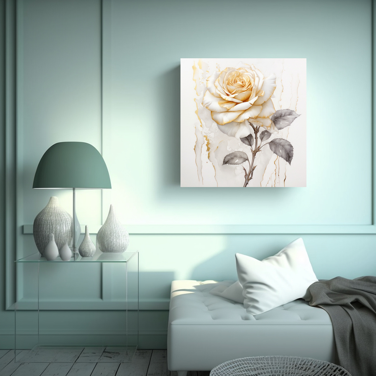 CUADRO DECORATIVO: FIGURAS DE ROSA BLANCA DORADA 90X90 CM - 2