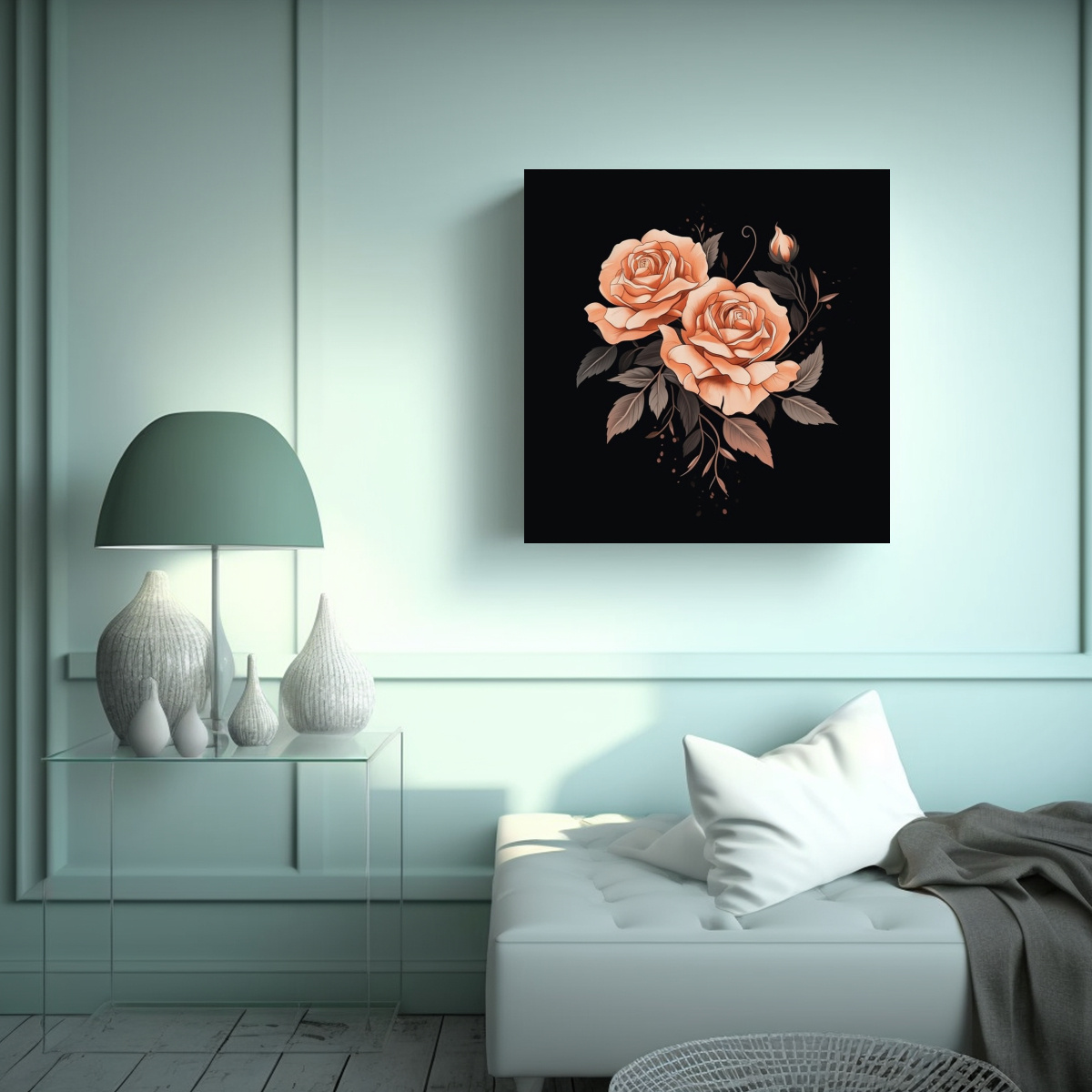 ILUSTRACIÓN DELICADA DE ROSA EN ACUARELA: CUADRO 40X40 CM - 2