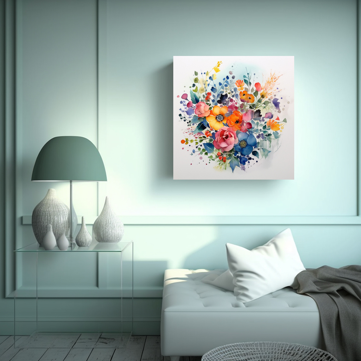 COMPOSICIÓN DINÁMICA DE FLORES EN ACUARELA: 50X50 CM - 2