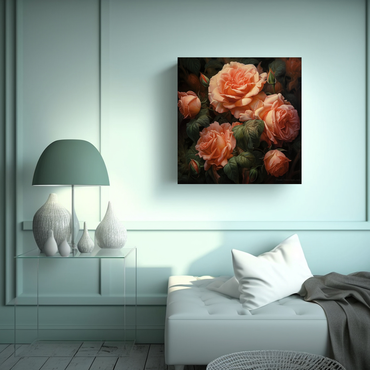 COMPOSICIÓN DINÁMICA DE ROSAS ILUSTRADAS: ARTE 70X70 CM - 2