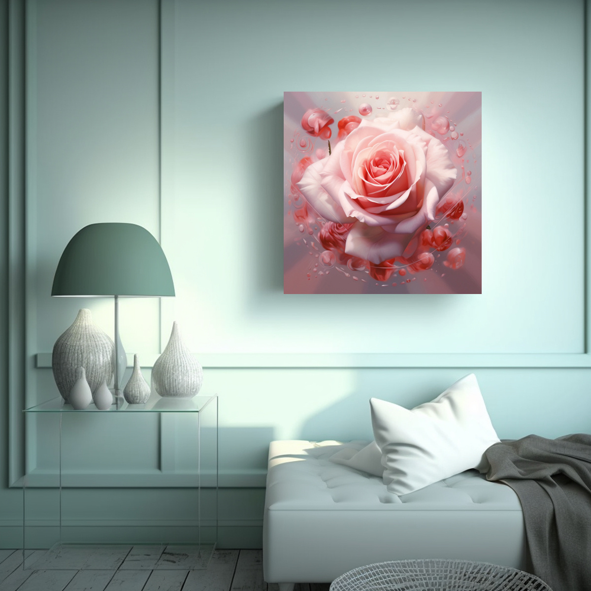 CUADRO MODERNO DE ROSA ROSA CON CORAZONES EN ALTA 20X20 CM - 2