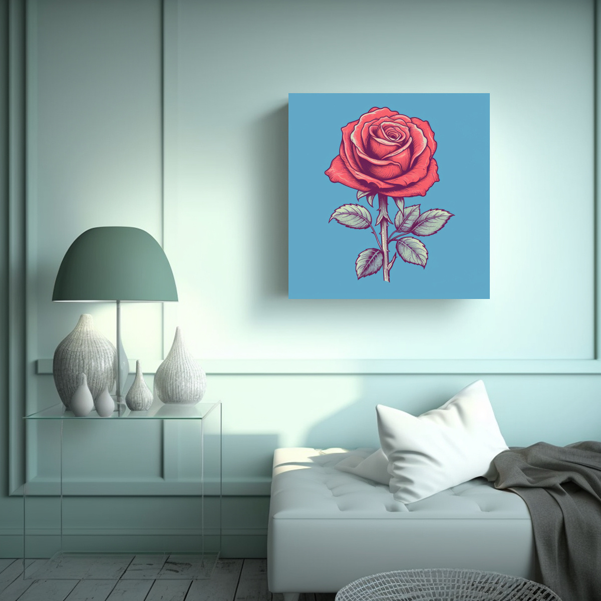 CUADRO ÚNICO CÁLIDO: ROSA ILUSTRADA EN FONDO DE 70X70 CM - 2