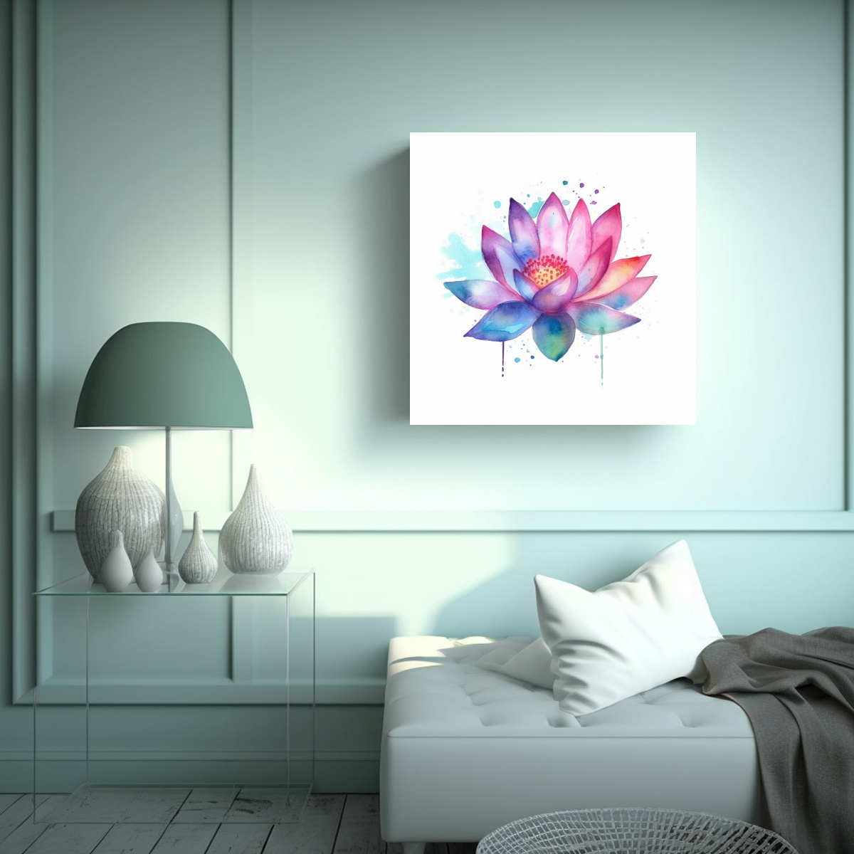 CUADRO EXPRESIONISTA DE FLOR DE LOTO EN ACUARELA 80X80 CM - 2