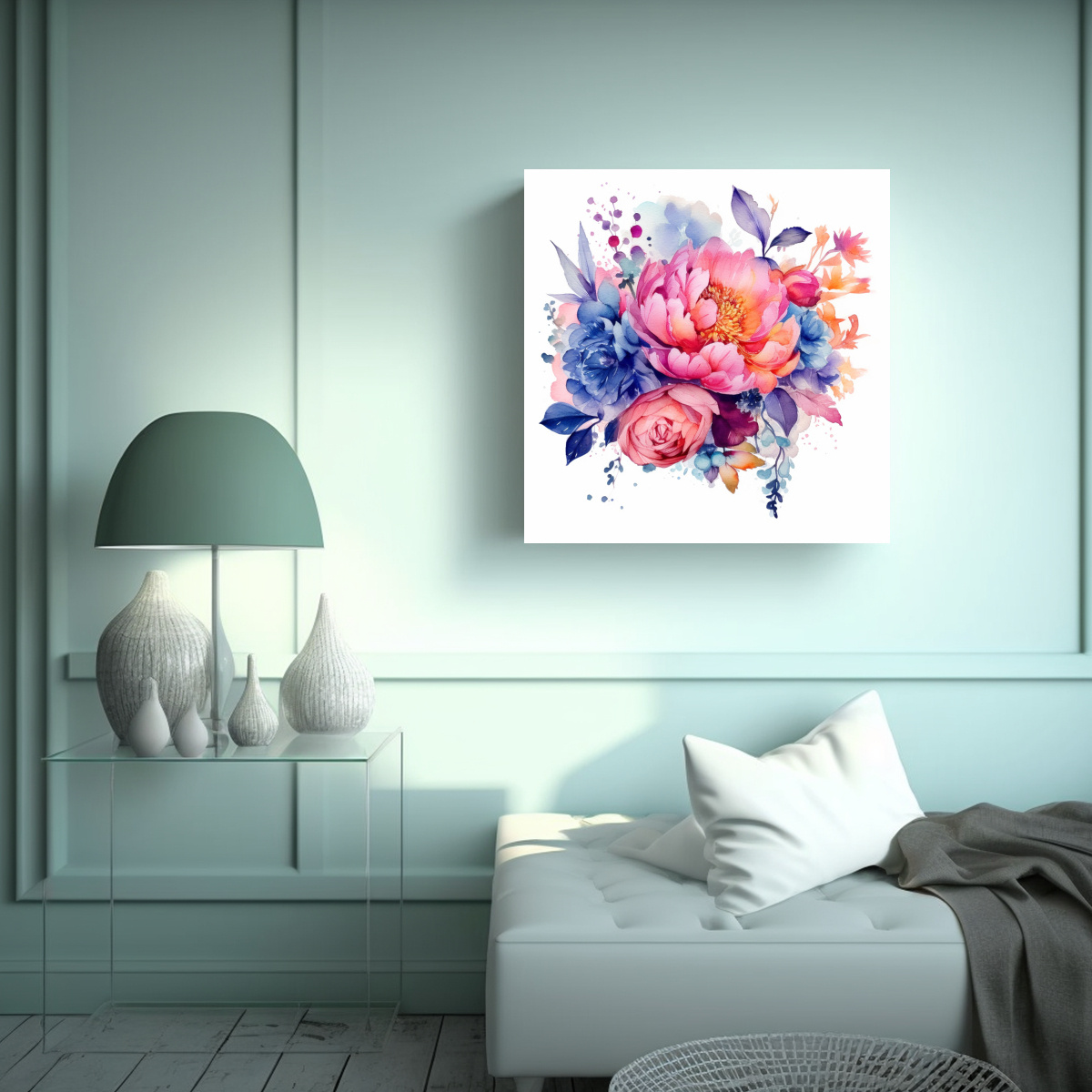 COMEDOR MODERNO: ARTE FLORAL ACUARELA EN LIENZO 80X80 CM - 2
