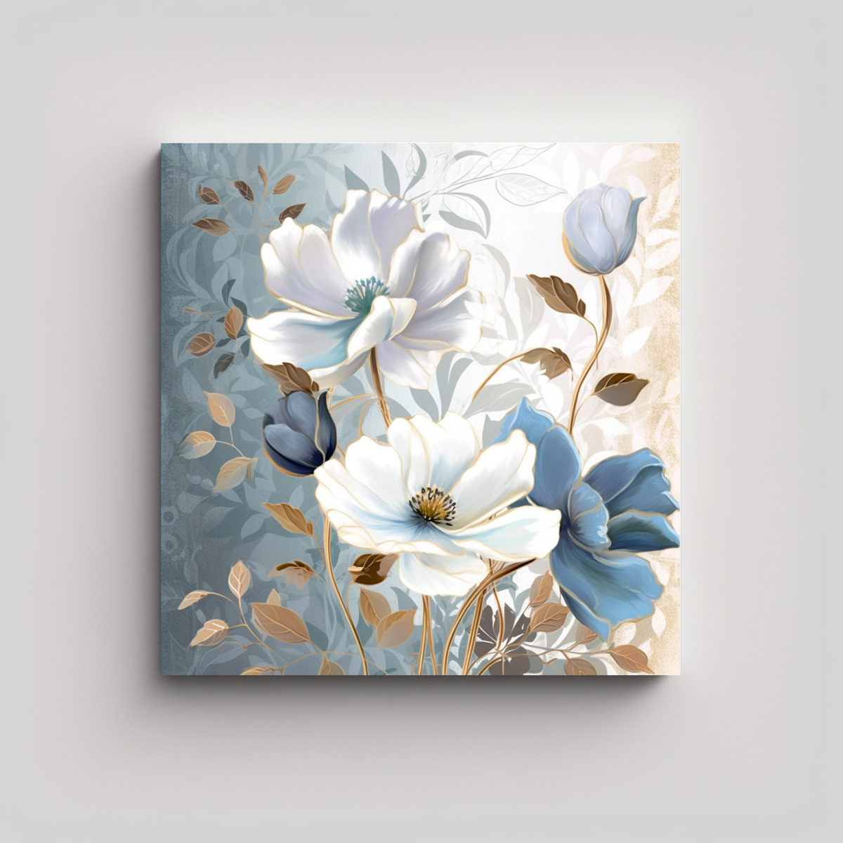 LIENZO DECORATIVO: FLORES AZULES, BLANCAS Y 30X30 CM - 1