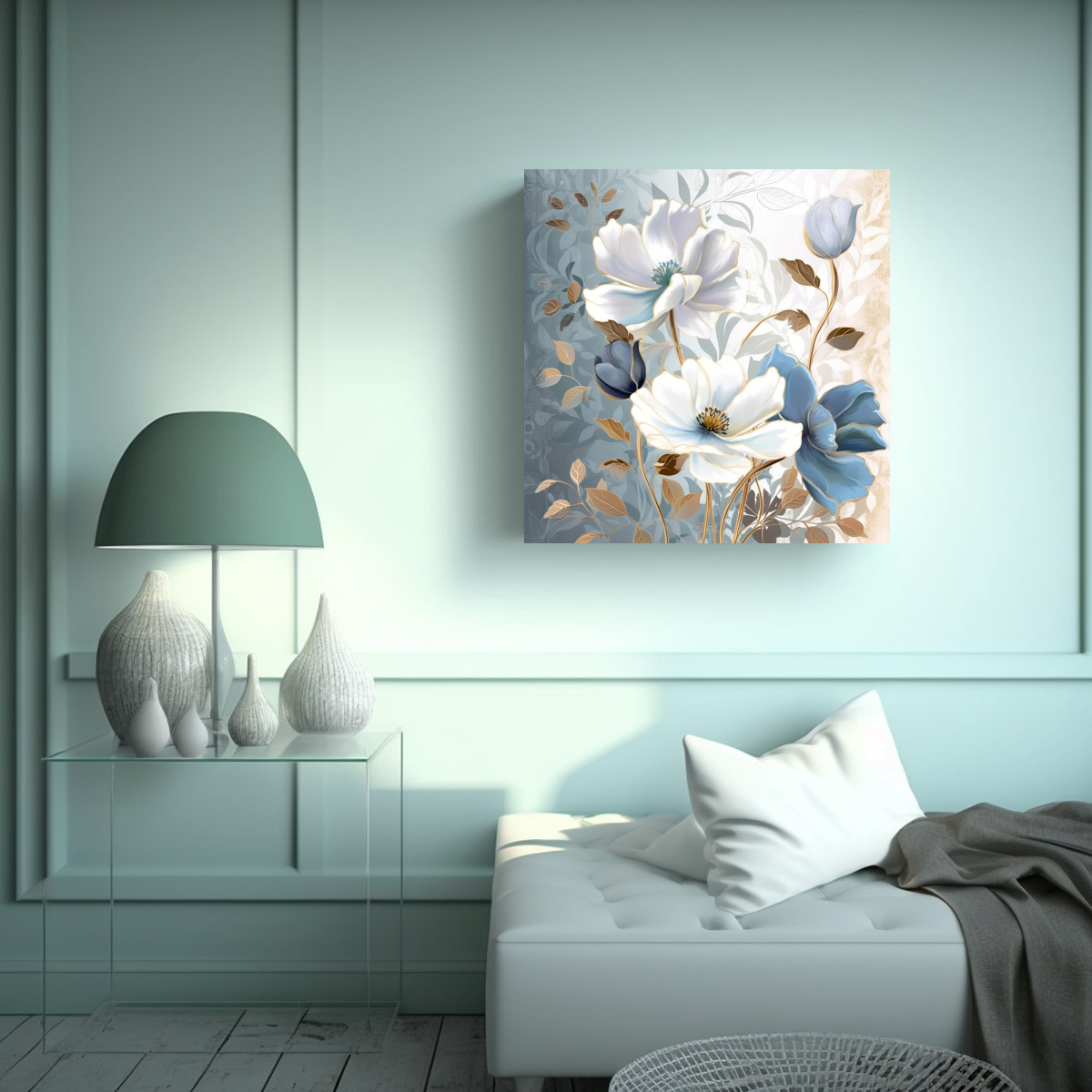 LIENZO DECORATIVO: FLORES AZULES, BLANCAS Y 30X30 CM - 2