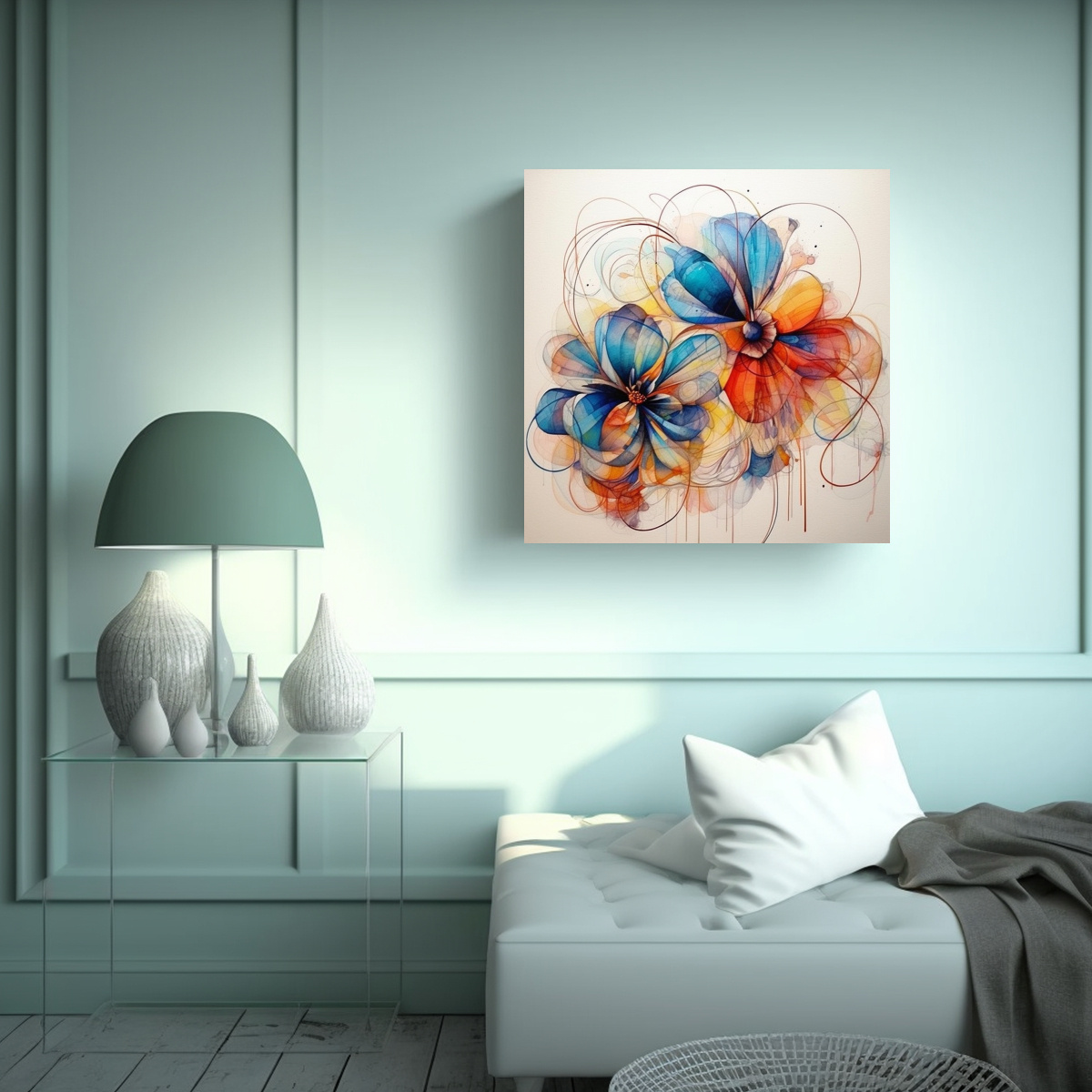 CUADRO DECORATIVO ABSTRACTO DE FLORES EN ACUARELA 50X50 CM - 2