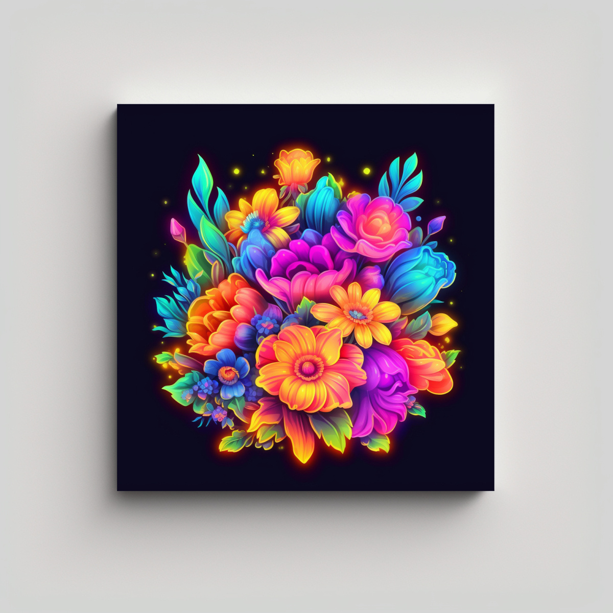 CUADRO NEON DE FLORES ARCOÍRIS Y FINAS LÍNEAS 60X60 CM - 1
