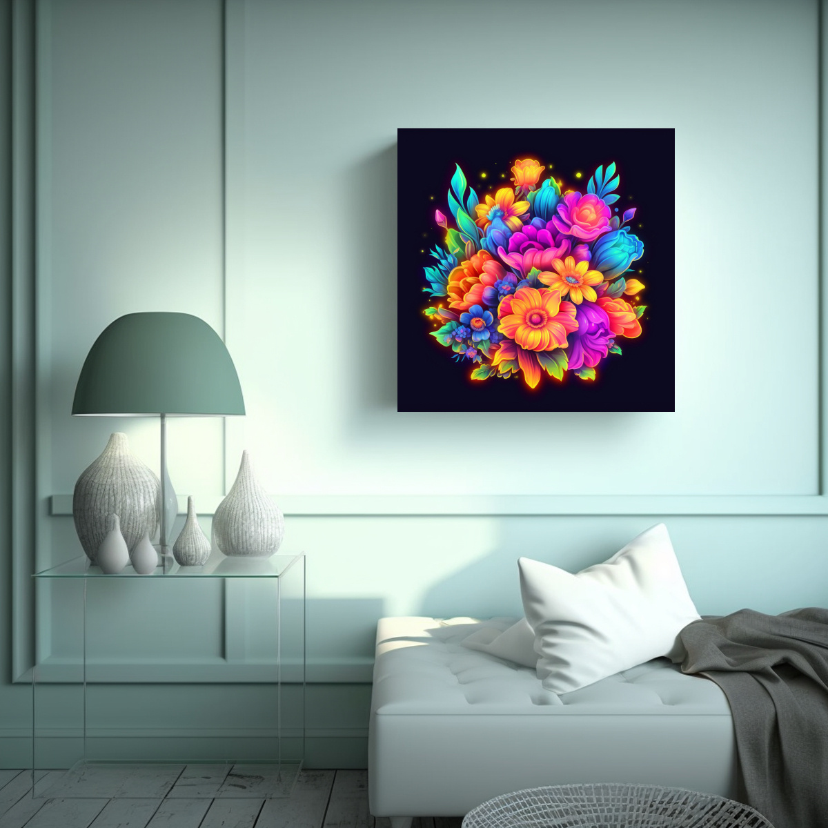 CUADRO NEON DE FLORES ARCOÍRIS Y FINAS LÍNEAS 60X60 CM - 2