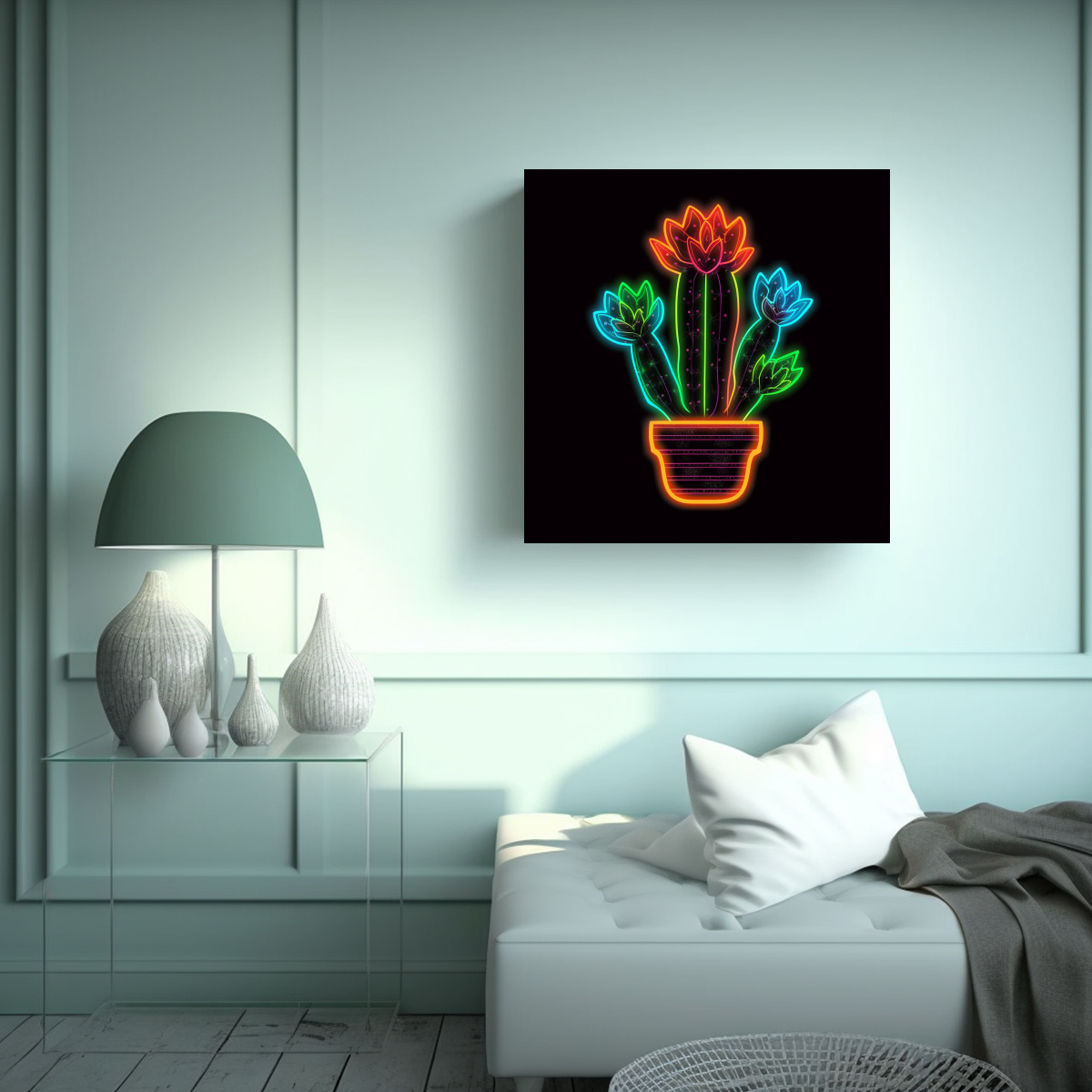 ILUSTRACIÓN NEON CACTUS Y SOL: ARTE DE PARED CON 60X60 CM - 2