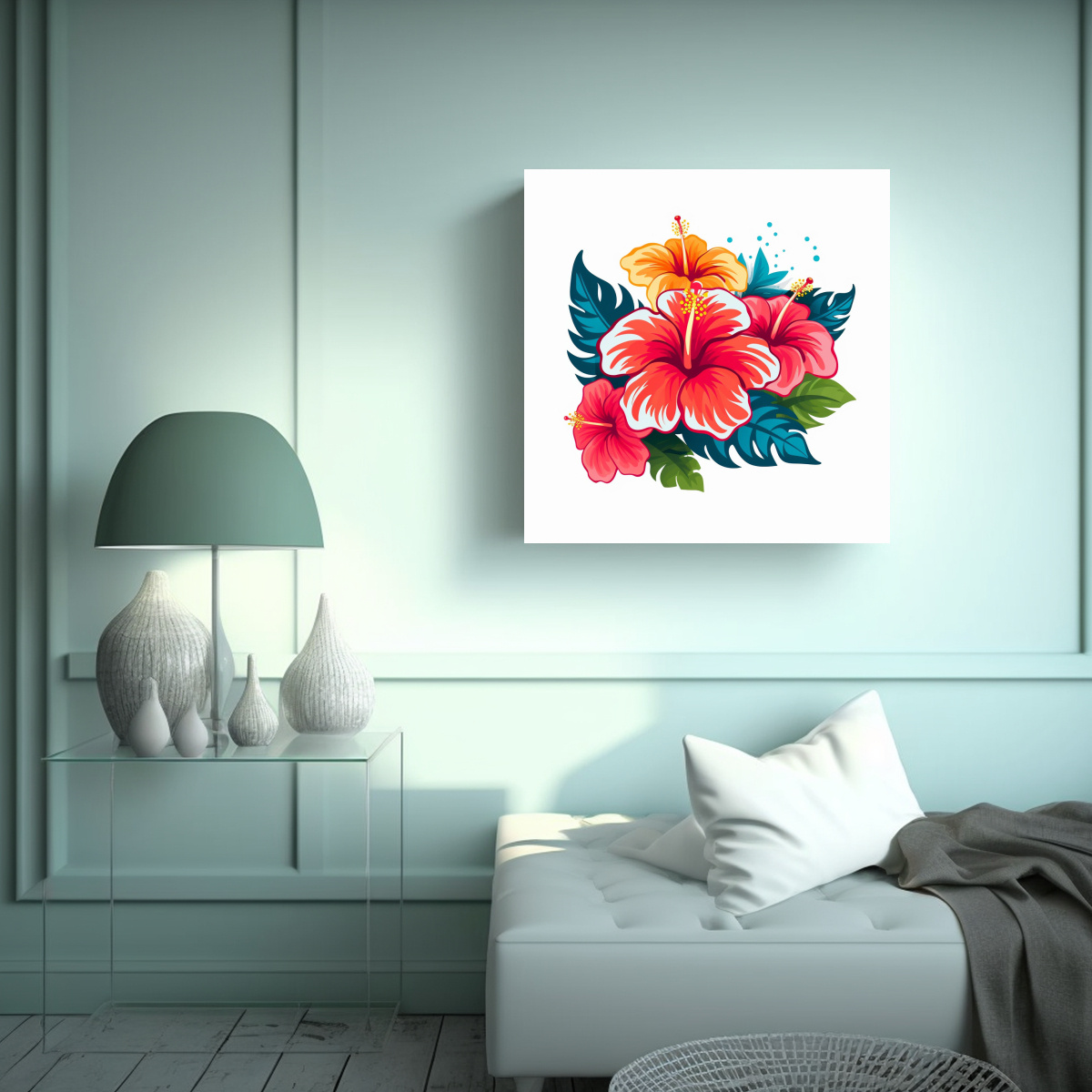 DIBUJO DE ÉPOCA HIBISCUS EN TELA EN BASTIDOR, 50X50 CM - 2