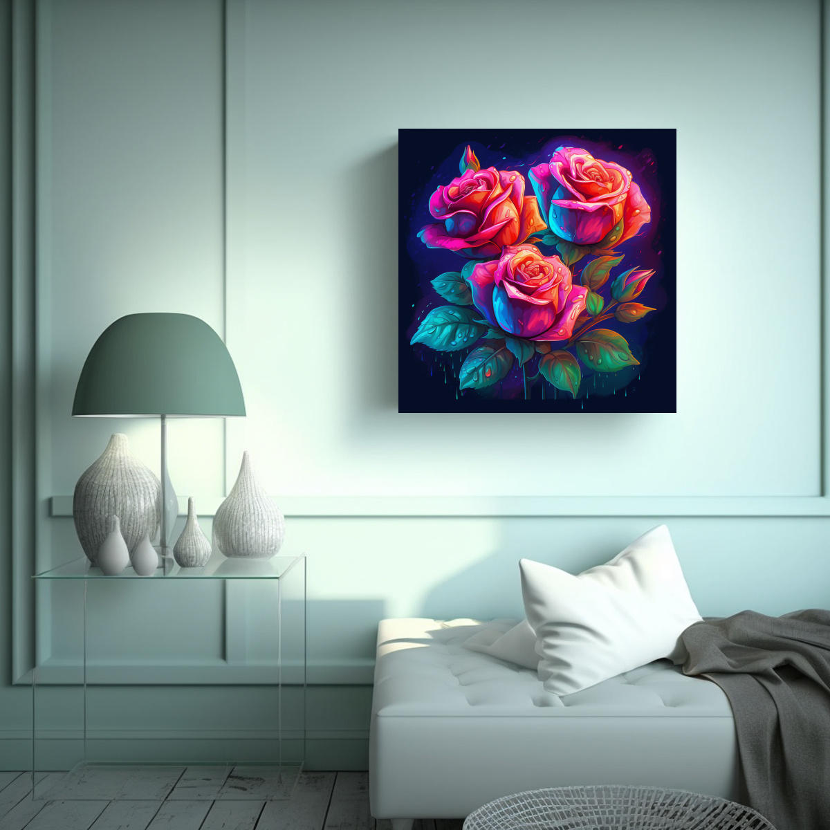 CUADRO DECORATIVO DE FLORES NEON EN TELA EN 60X60 CM - 2