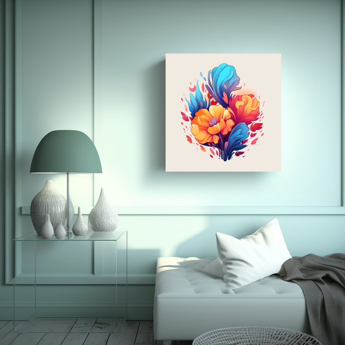 LIENZO DE ESPACIO Y FLORES FANTASÍA EN ACUARELA 60X60 CM - 2