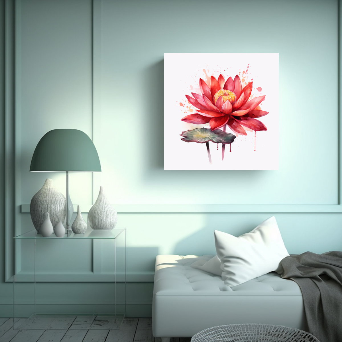 CUADRO DECORATIVO CLÁSICO - FLOR DE LOTO ROJA EN 70X70 CM - 2