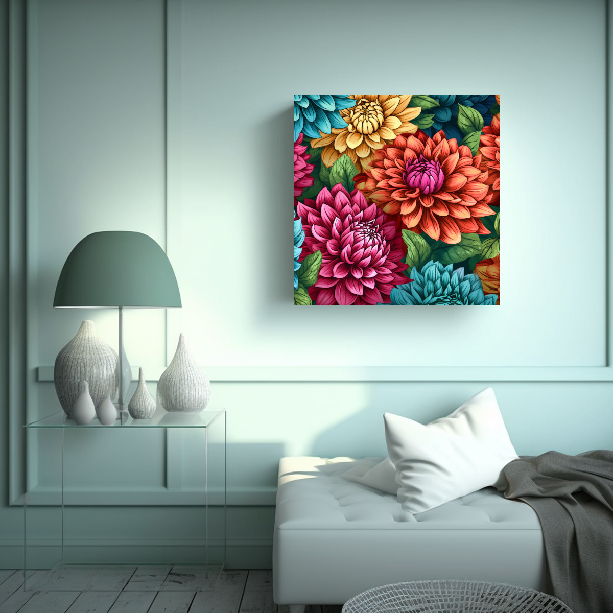 COMPOSICIÓN VIBRANTE DE DAHLIAS EN ACUARELA PARA 90X90 CM - 2