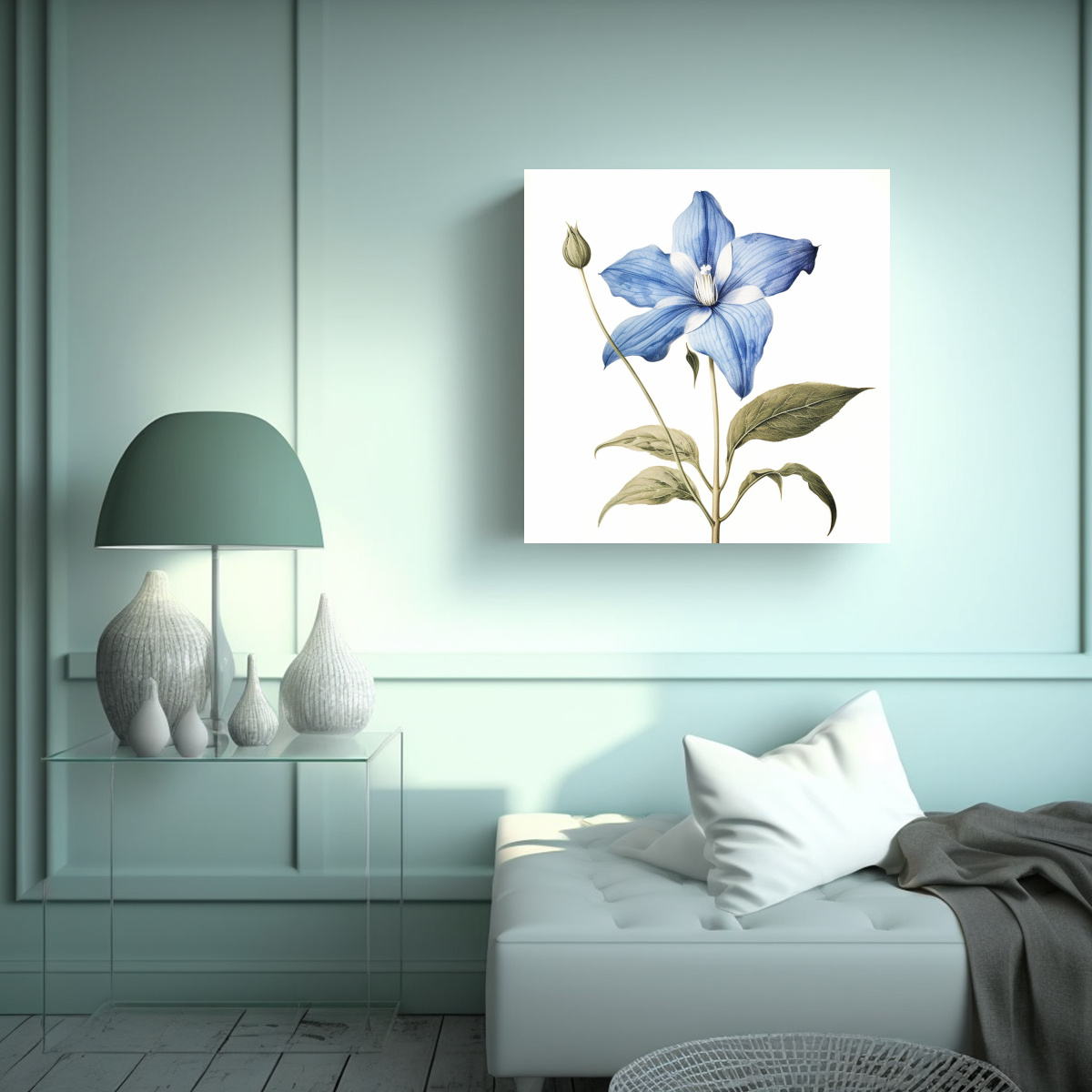 ILUSTRACIÓN VINTAGE DE FLOR AZUL EN CUADRO 40X40 CM - 2