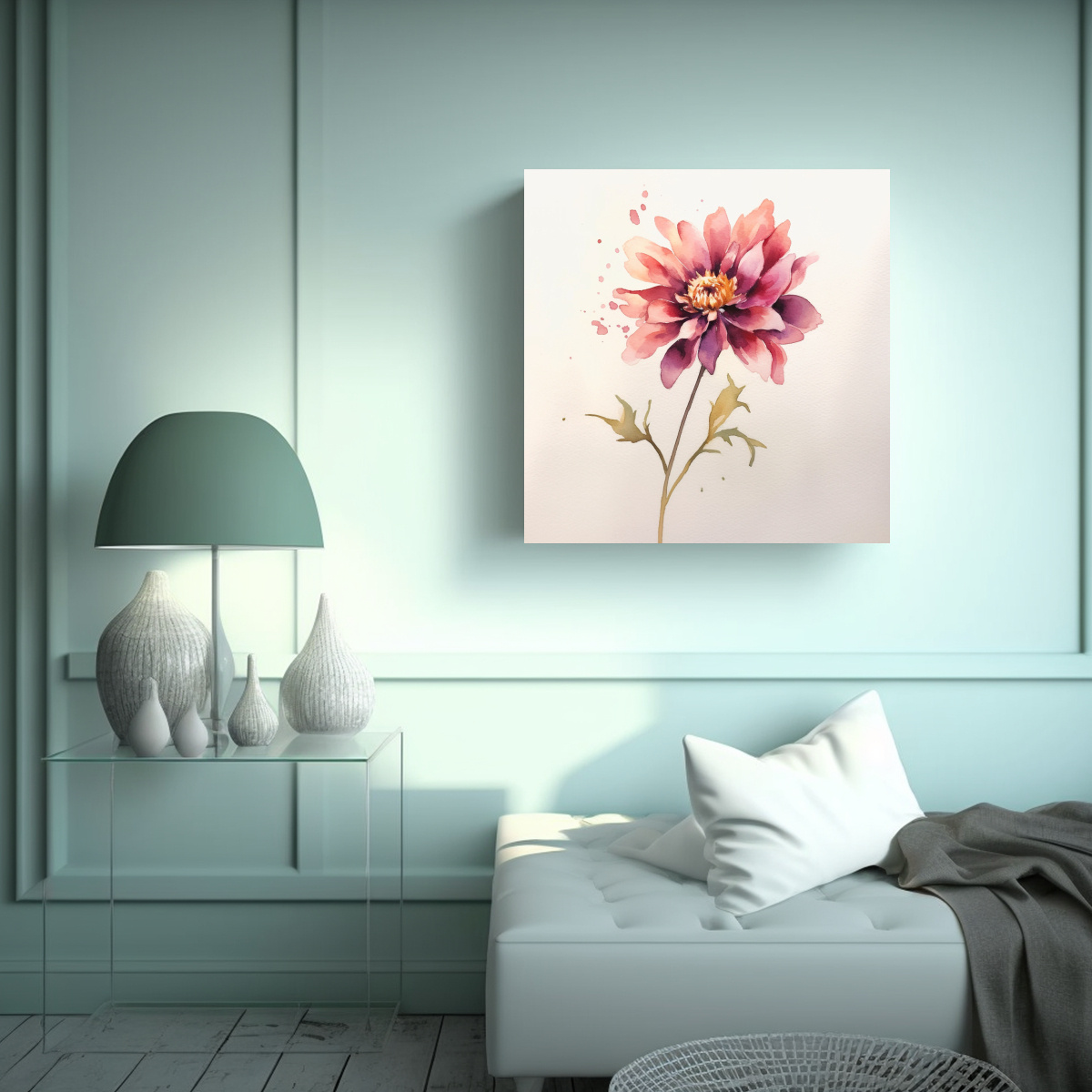 CUADRO ABSTRACCIÓN INTERIOR CON FLORES ACUARELA 60X60 CM - 2