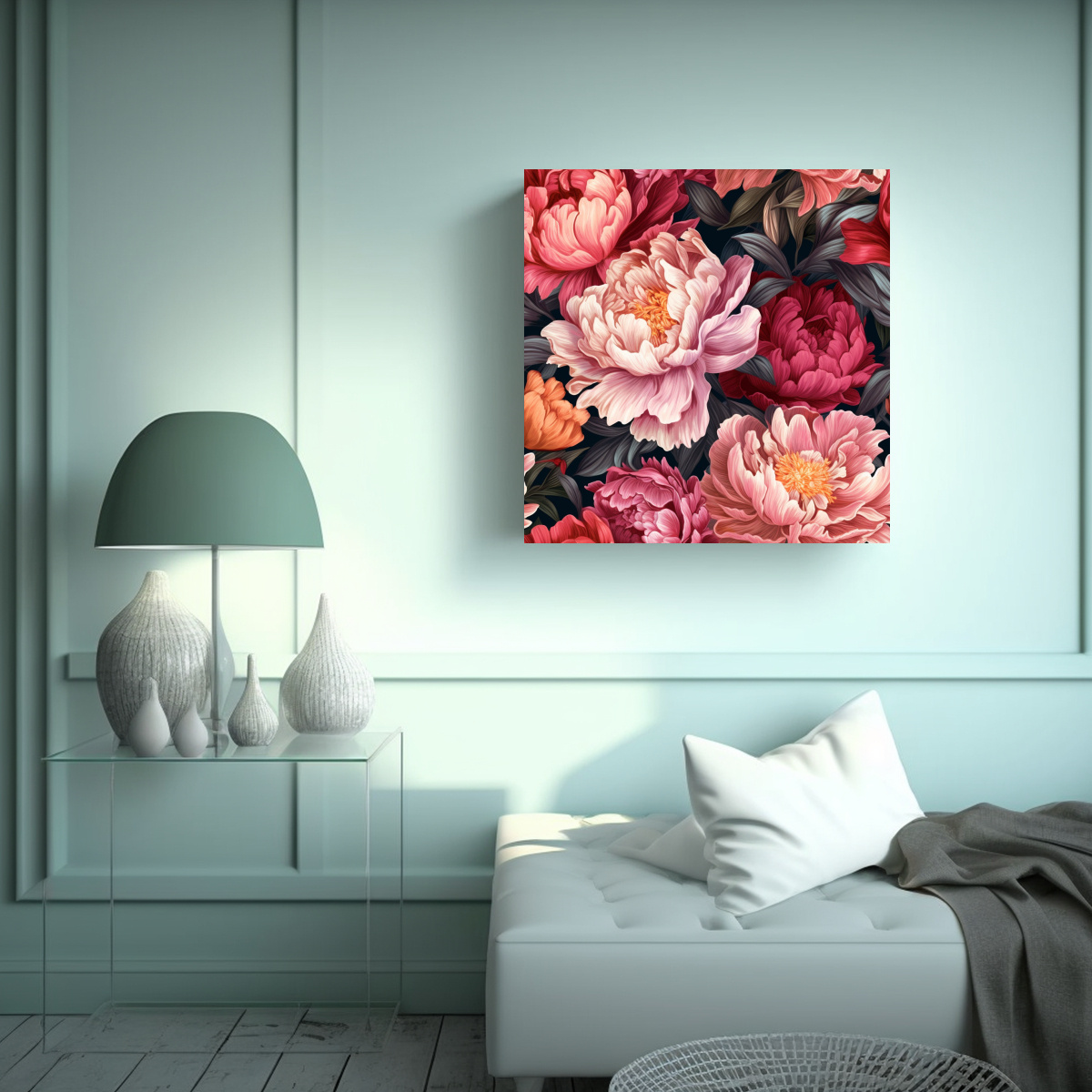 DECORACIÓN ÚNICA: LIENZO DE PEONIAS INTRINCADAS 20X20 CM - 2