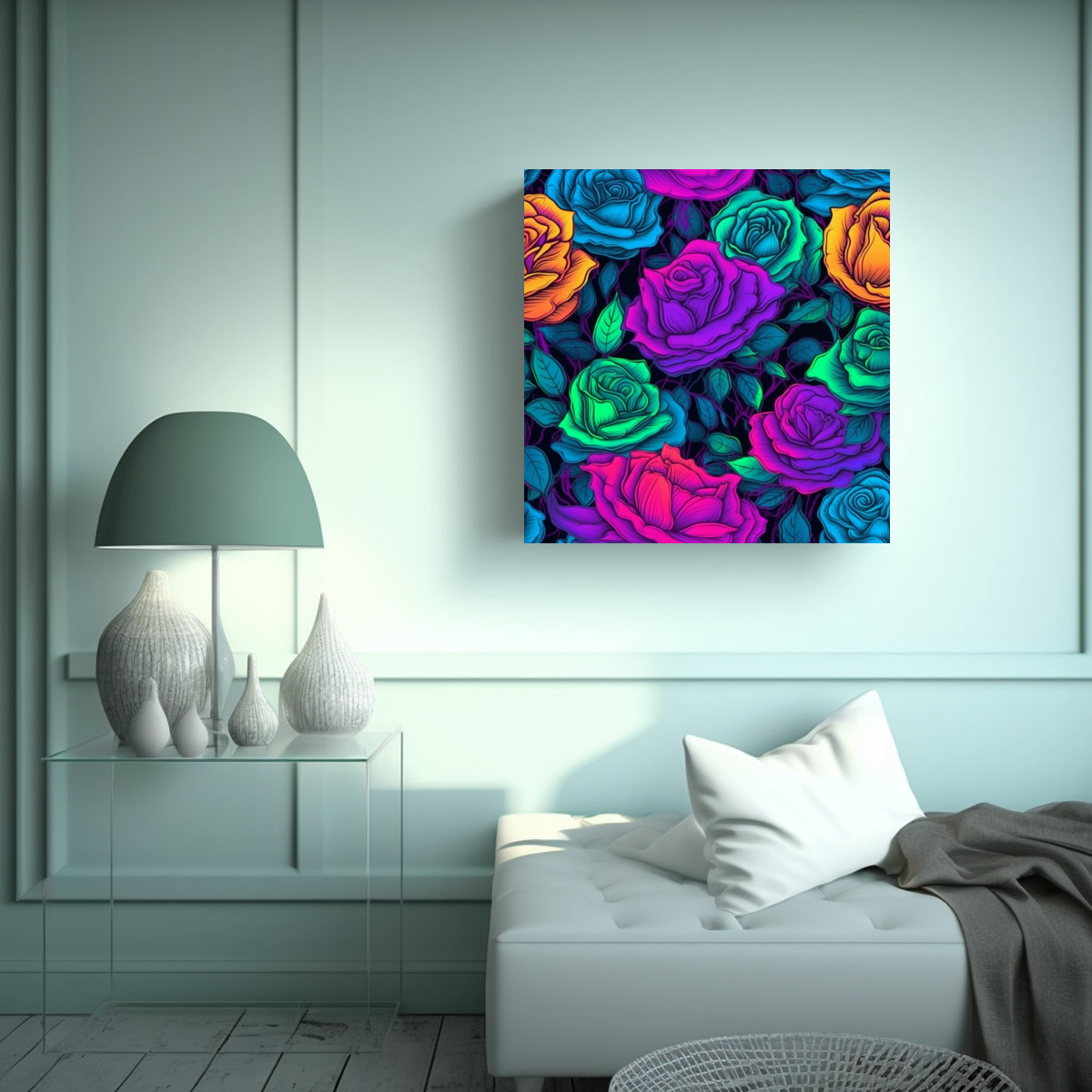 CUADRO DECORATIVO NEON DE ROSAS COLORIDAS EN ALTA 50X50 CM - 2