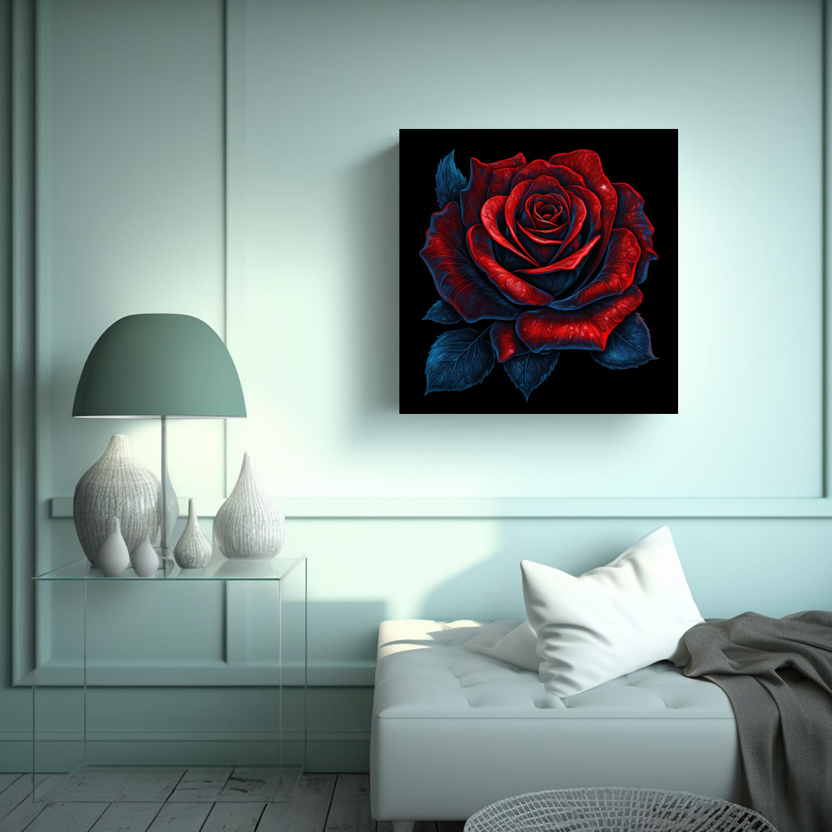 ESQUEMA DE ROSA ROJA NEON EN LIENZO SOBRE FONDO 60X60 CM - 2