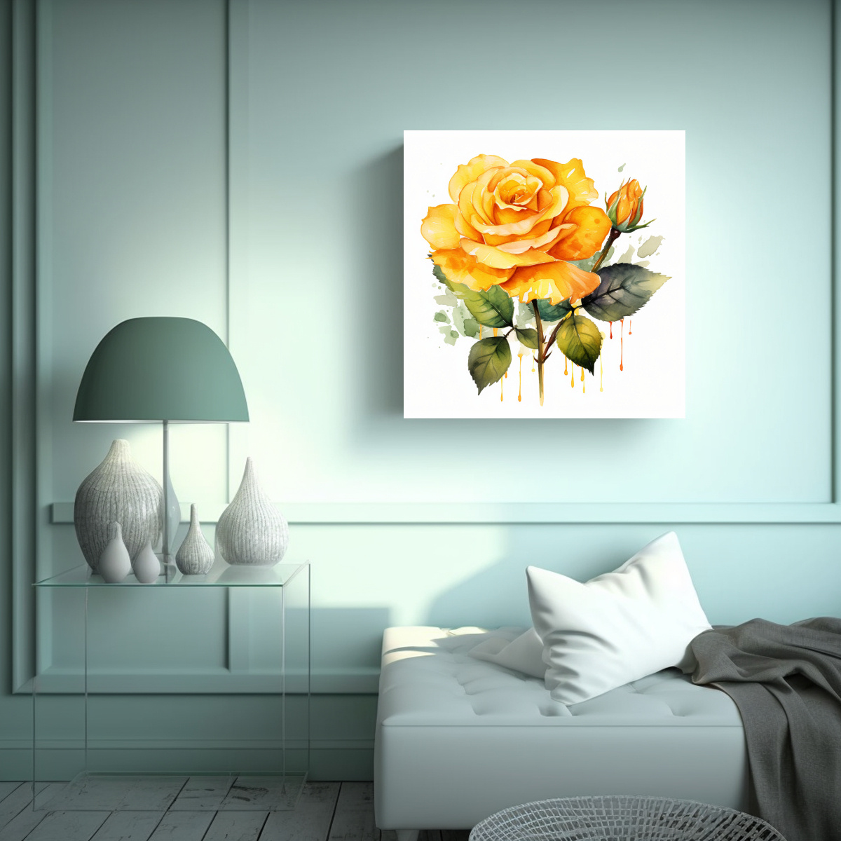 CUADRO MODERNO DORMITORIO: ROSA AMARILLA ACUARELA 90X90 CM - 2