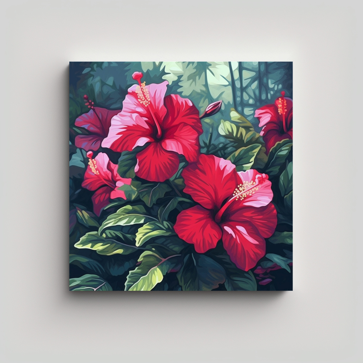 CUADRO DE HIBISCUS EN SELVA: ARTE DE PARED 20X20 CM - 1