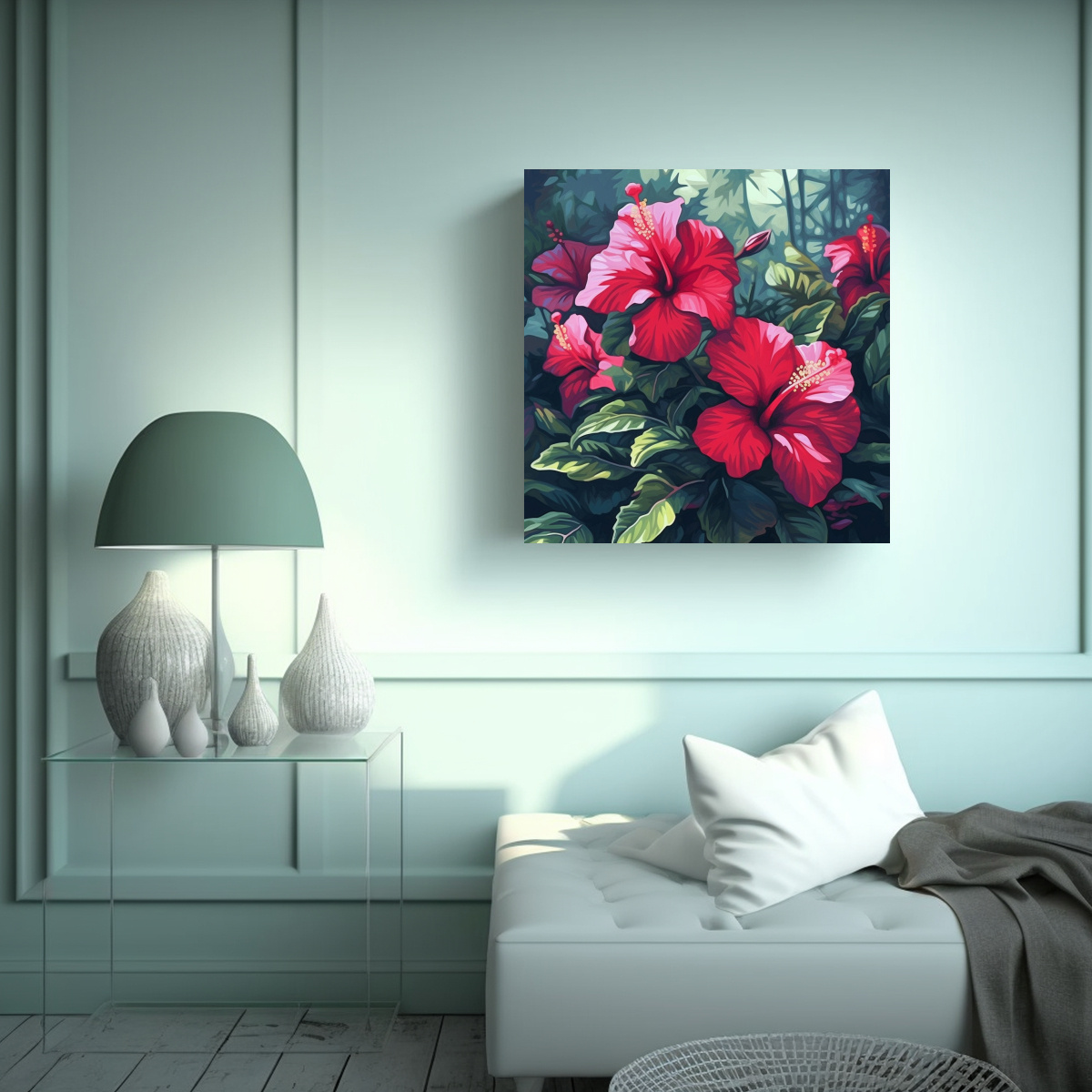 CUADRO DE HIBISCUS EN SELVA: ARTE DE PARED 20X20 CM - 2