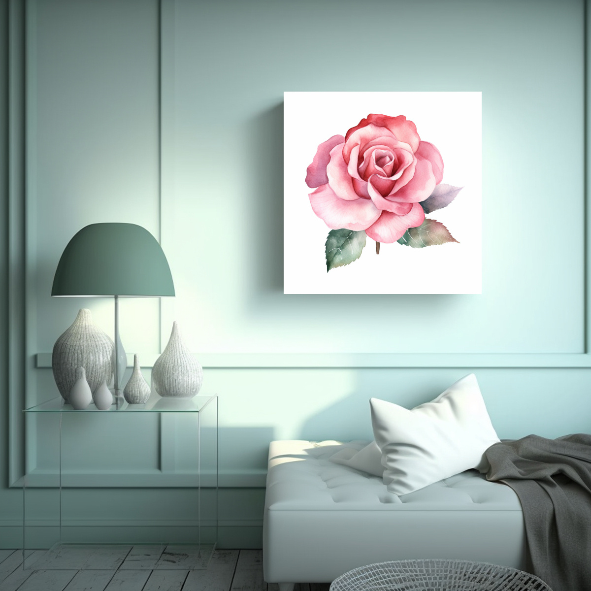 CUADRO MINIMALISTA DE ROSA ROSA EN ACUARELA - 50X50 CM - 2