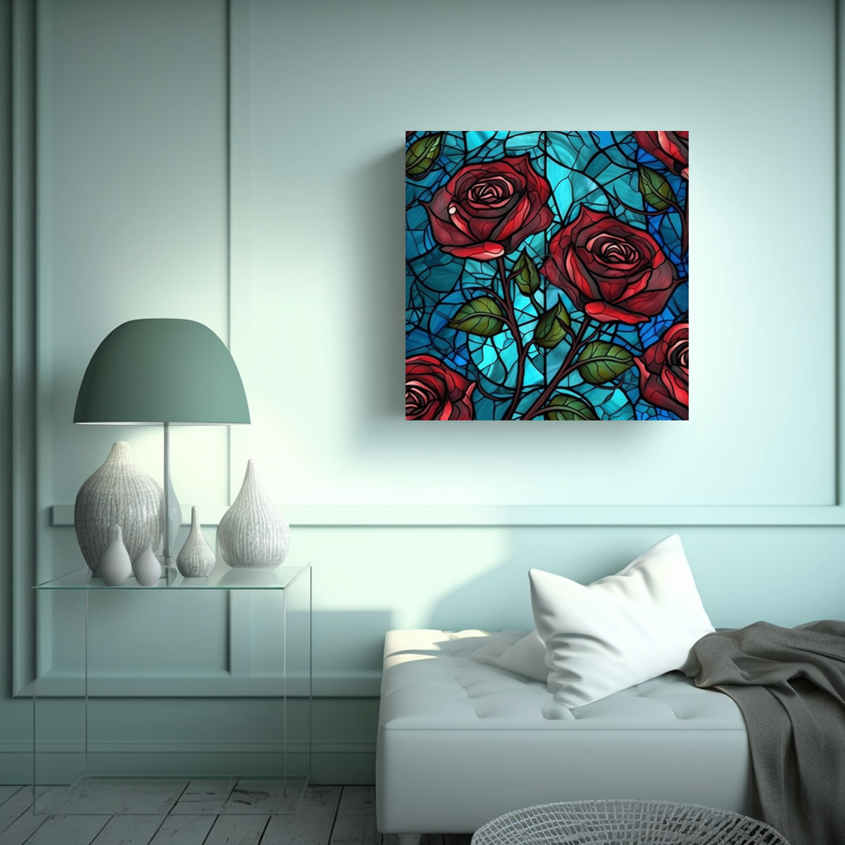 CUADRO MAJESTUOSO DE ROSAS EN VITRAL: PATRÓN 90X90 CM - 2