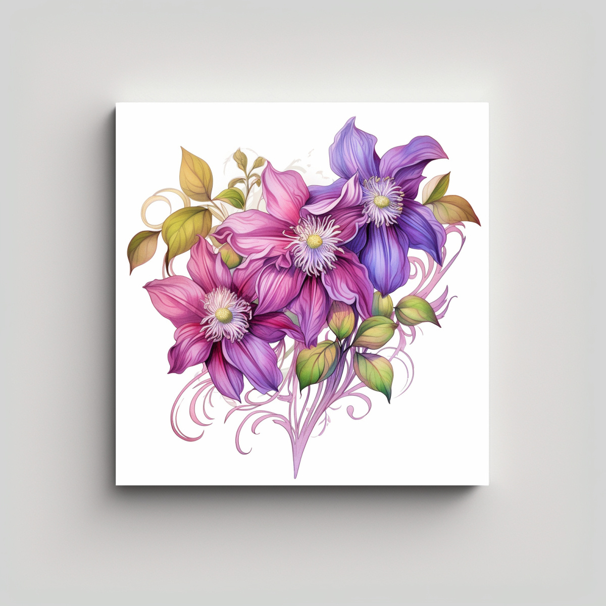 LIENZO MODERNO DE CLEMATIS EN ESTILO TATUAJE 50X50 CM - 1