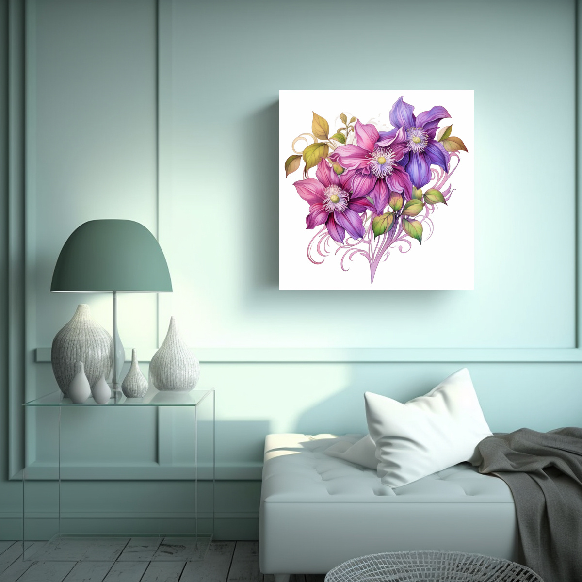 LIENZO MODERNO DE CLEMATIS EN ESTILO TATUAJE 50X50 CM - 2