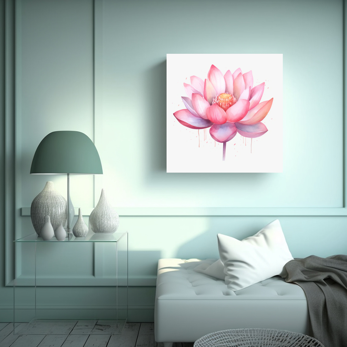 LIENZO DECORATIVO ESTILO ACUARELA: FLOR DE LOTO 100X100 CM - 2