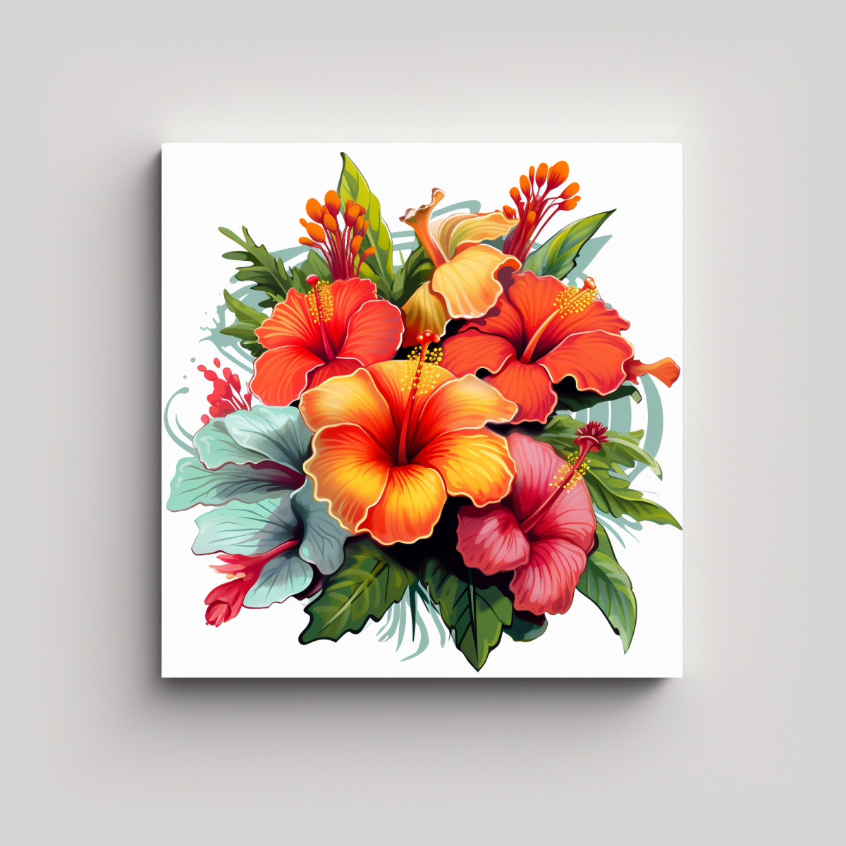 BASTIDOR DE TELA CON BOUQUET DE HIBISCUS: CUADROS 20X20 CM - 1