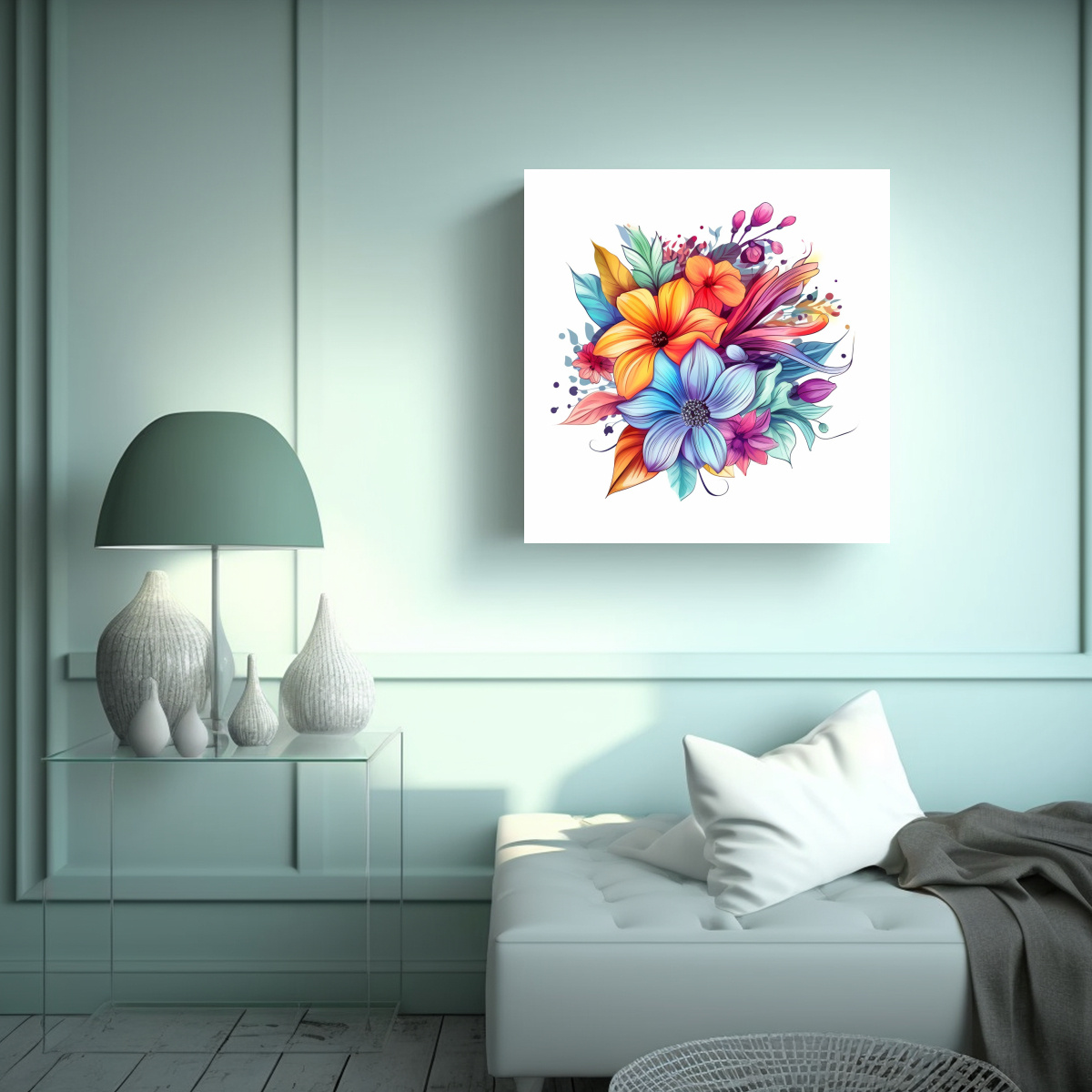 ILUSTRACIÓN DE FLOR COLORIDA EN LIENZO BLANCO 100X100 CM - 2