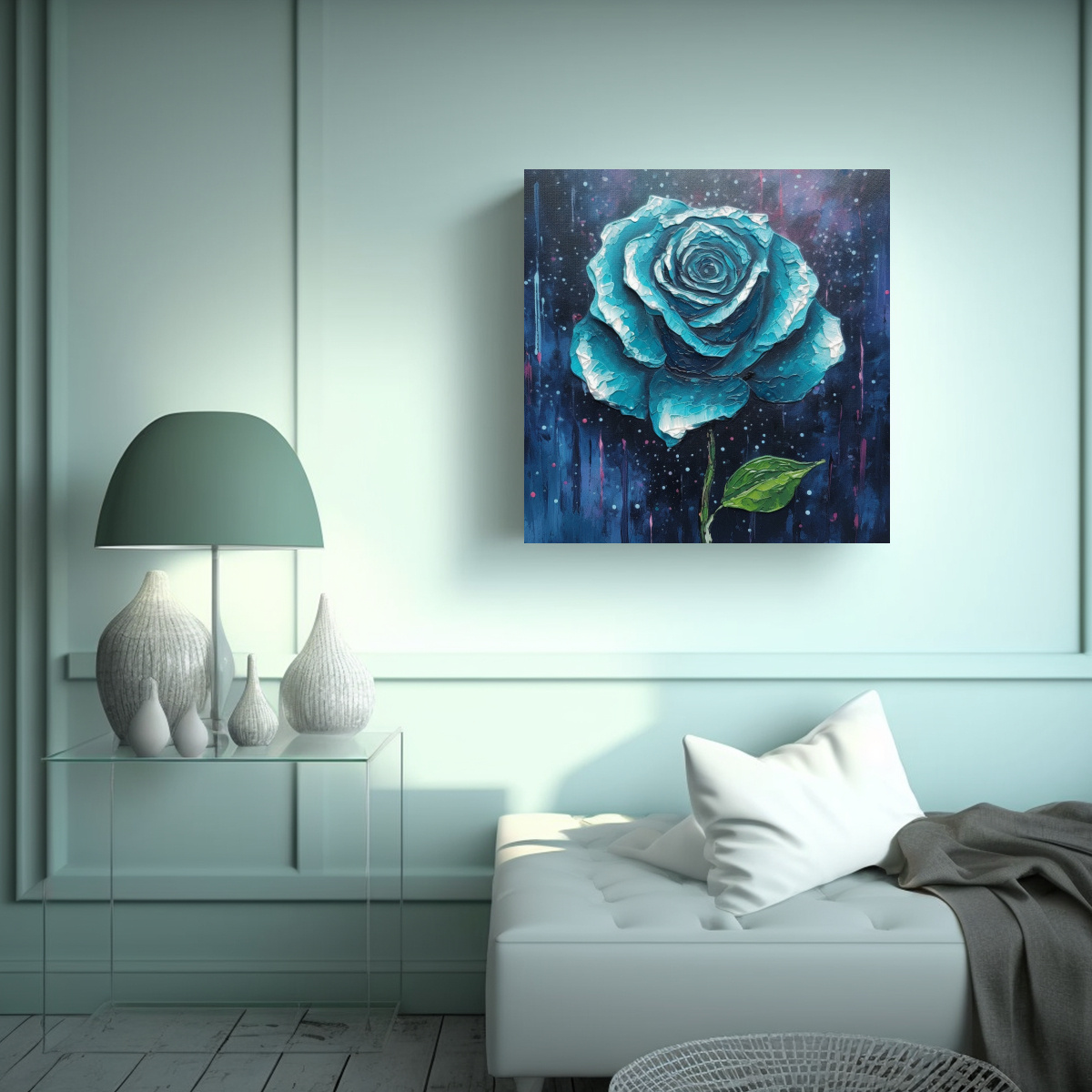 CUADRO ACUARELA: ROSA AZUL CON GOTAS DE LLUVIA AL 40X40 CM - 2