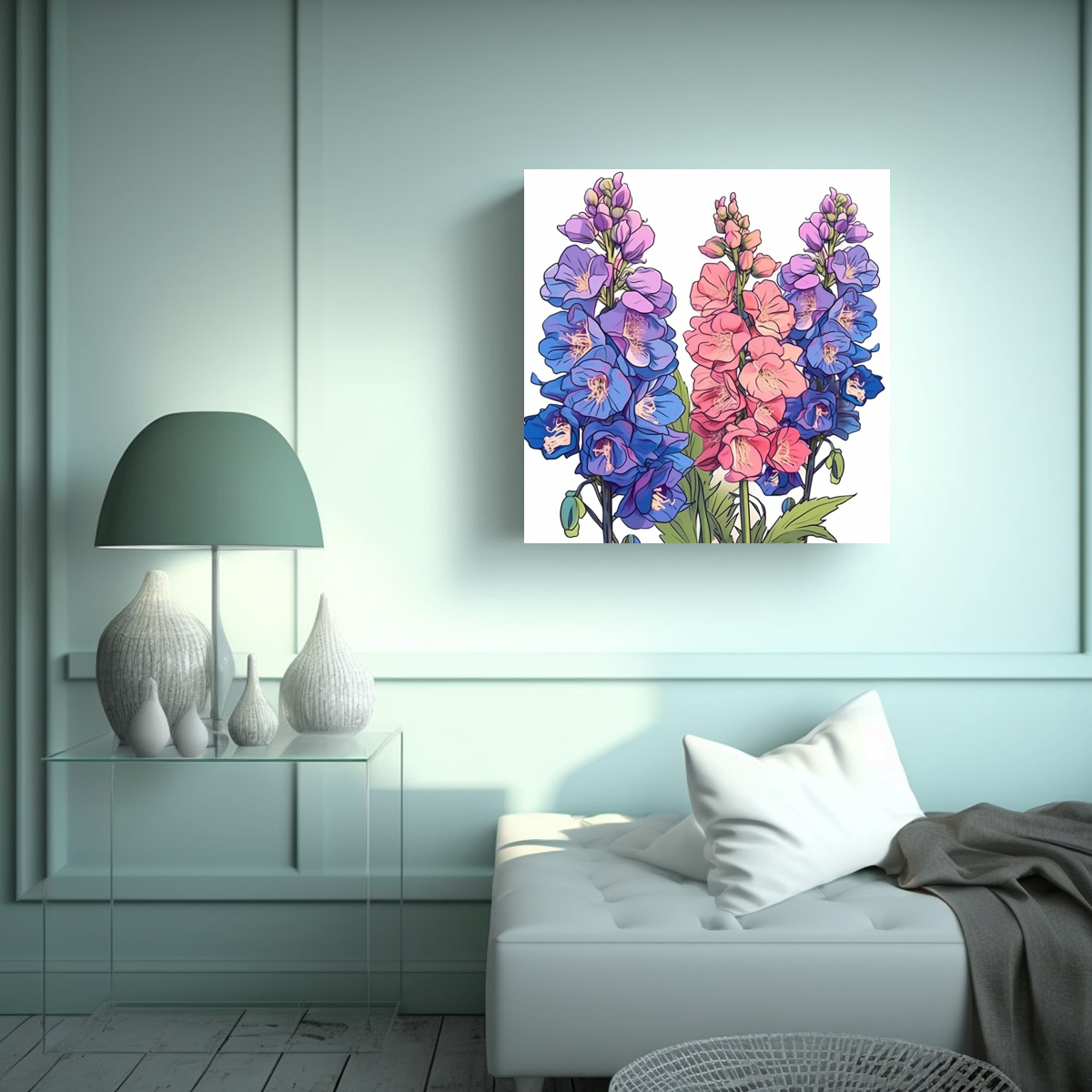 CUADRO DECORATIVO DE FLORES DELPHINIUMS EN ESTILO 90X90 CM - 2