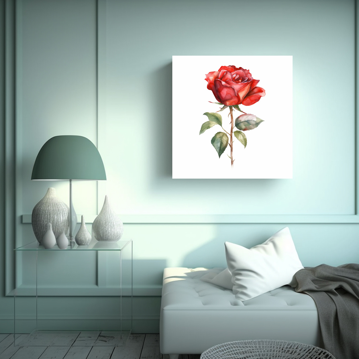 CUADRO ELEGANTE DE ROSA ROJA EN ACUARELA Y 60X60 CM - 2