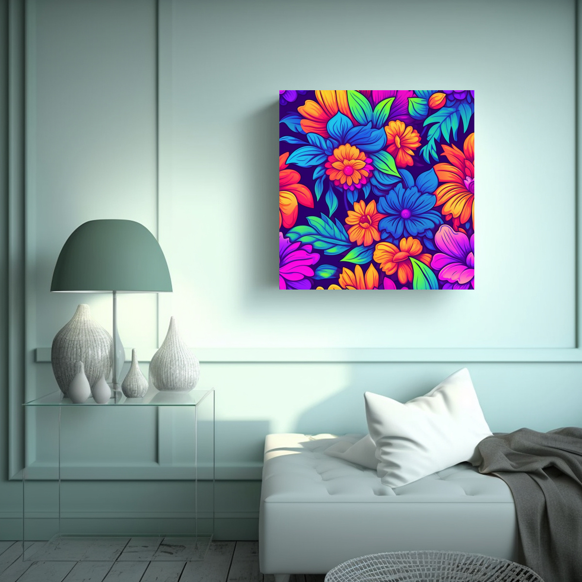 CUADRO DE INTERIORES ESTILO LISA FRANK CON FLORES 50X50 CM - 2