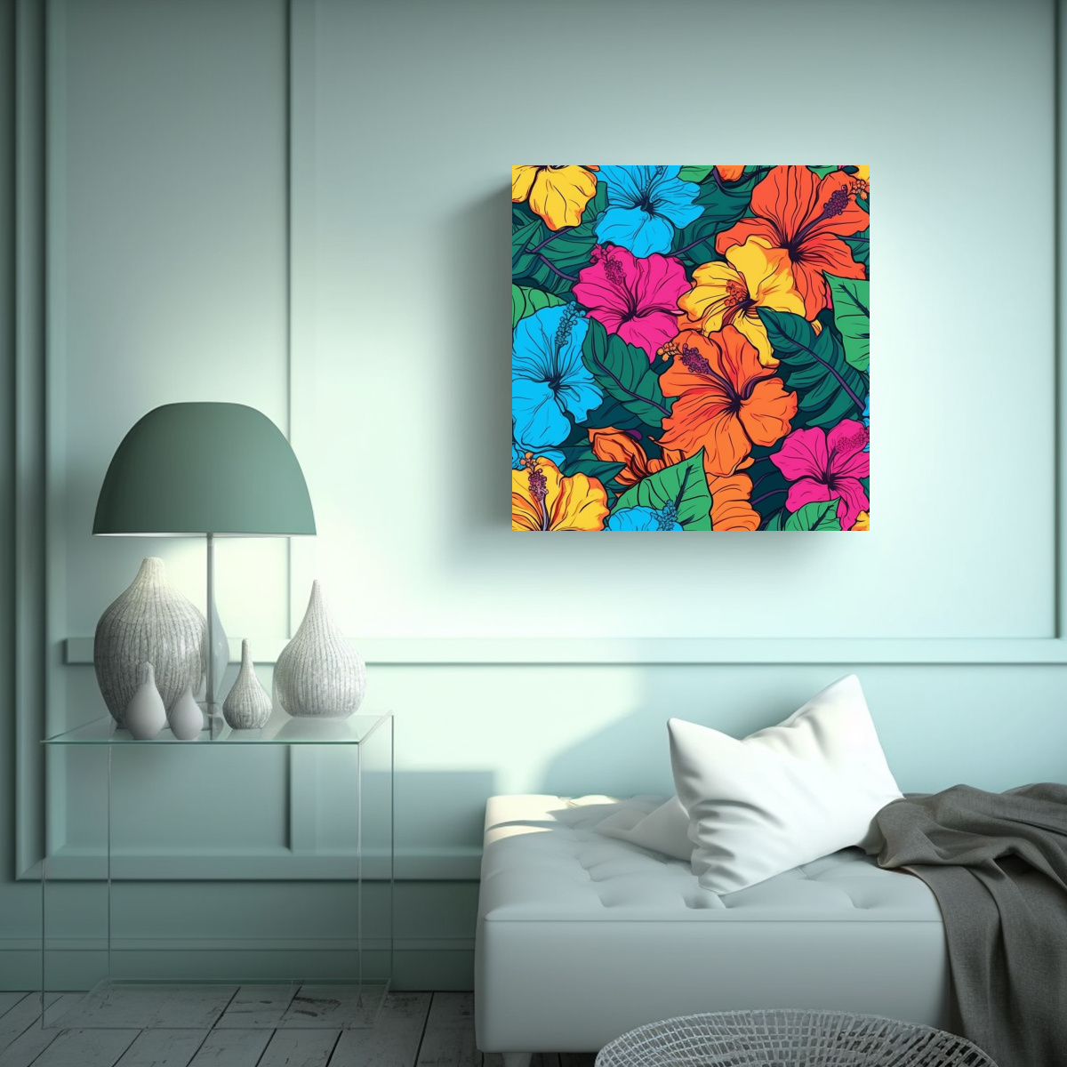 CUADRO DECORATIVO DE HIBISCUS HAWAIANO EN TELA EN 80X80 CM - 2