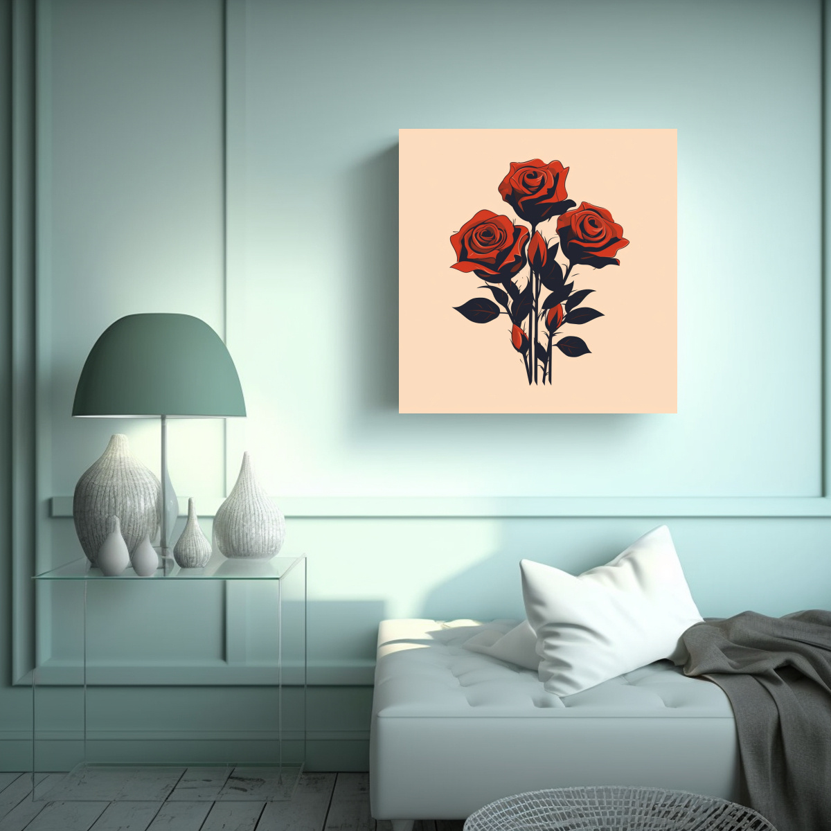 ILUSTRACIÓN MINIMALISTA DE ROSAS ROJAS EN TELA: 20X20 CM - 2