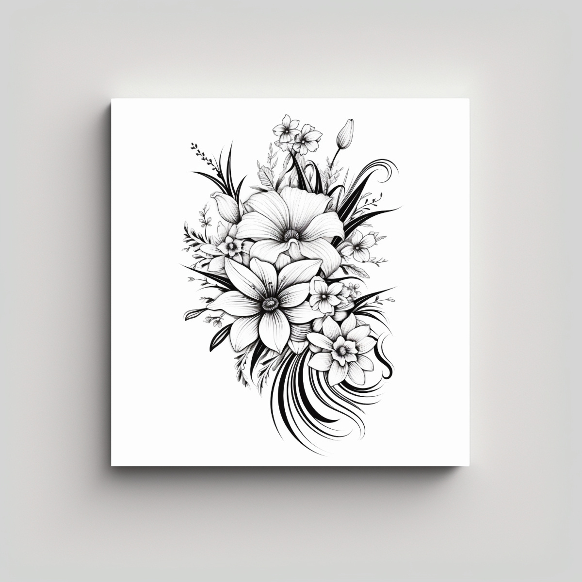 DISEÑO FLORAL MINIMALISTA EN BLANCO Y NEGRO: 60X60 CM - 1
