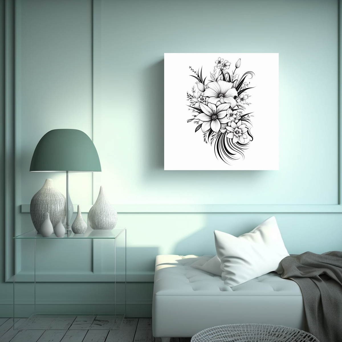 DISEÑO FLORAL MINIMALISTA EN BLANCO Y NEGRO: 60X60 CM - 2