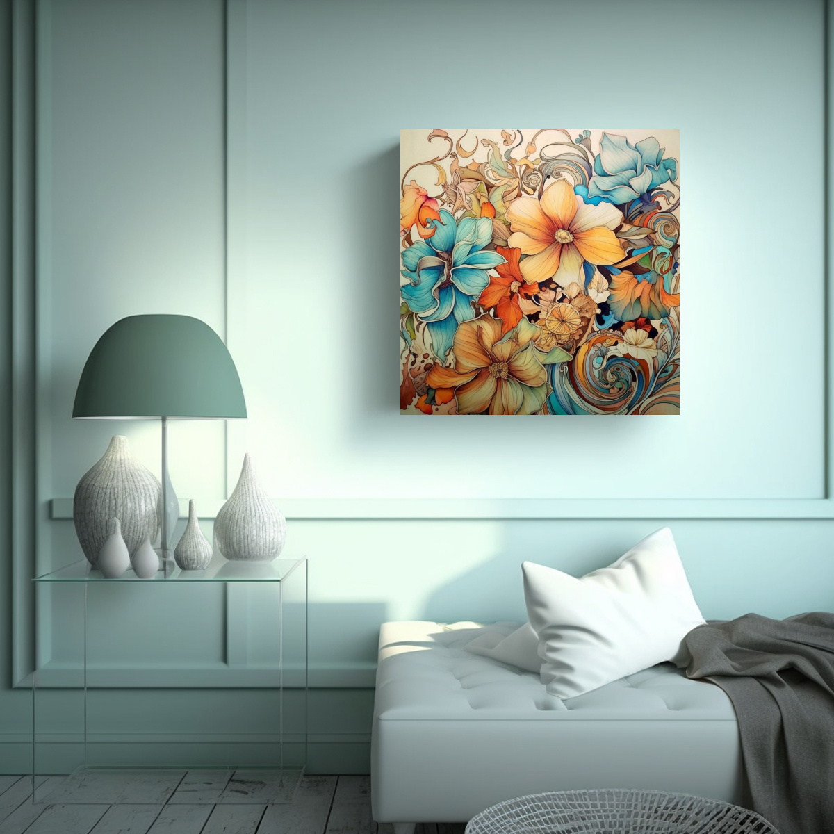 ARMONÍA DE COLORES MODERNA: FLORES ACUARELA EN 90X90 CM - 2