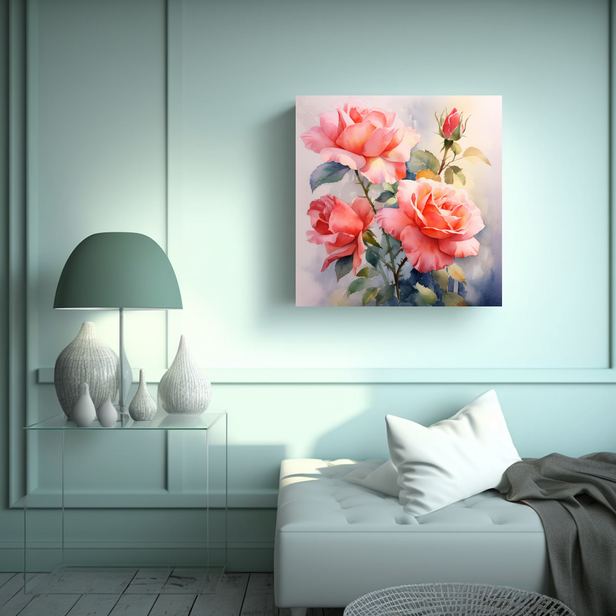 CUADRO ÚNICO DE ROSAS SUELTAS EN ACUARELA SOBRE 60X60 CM - 2