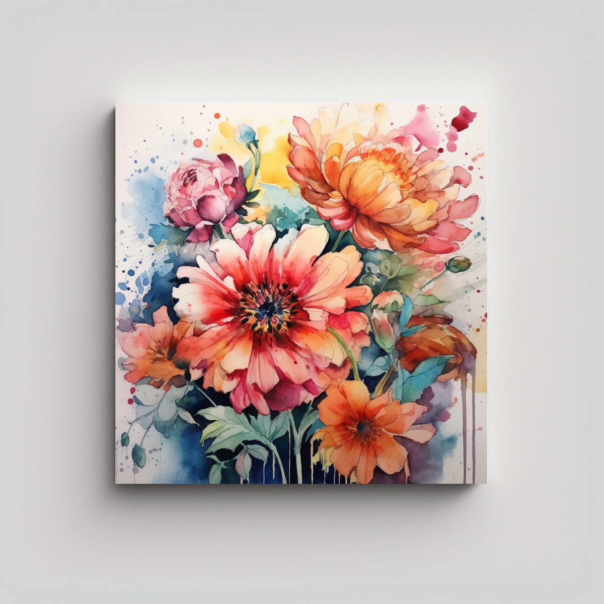 CUADRO COMPOSICIÓN DINÁMICA DE FLORES ACUARELA 90X90 CM - 1