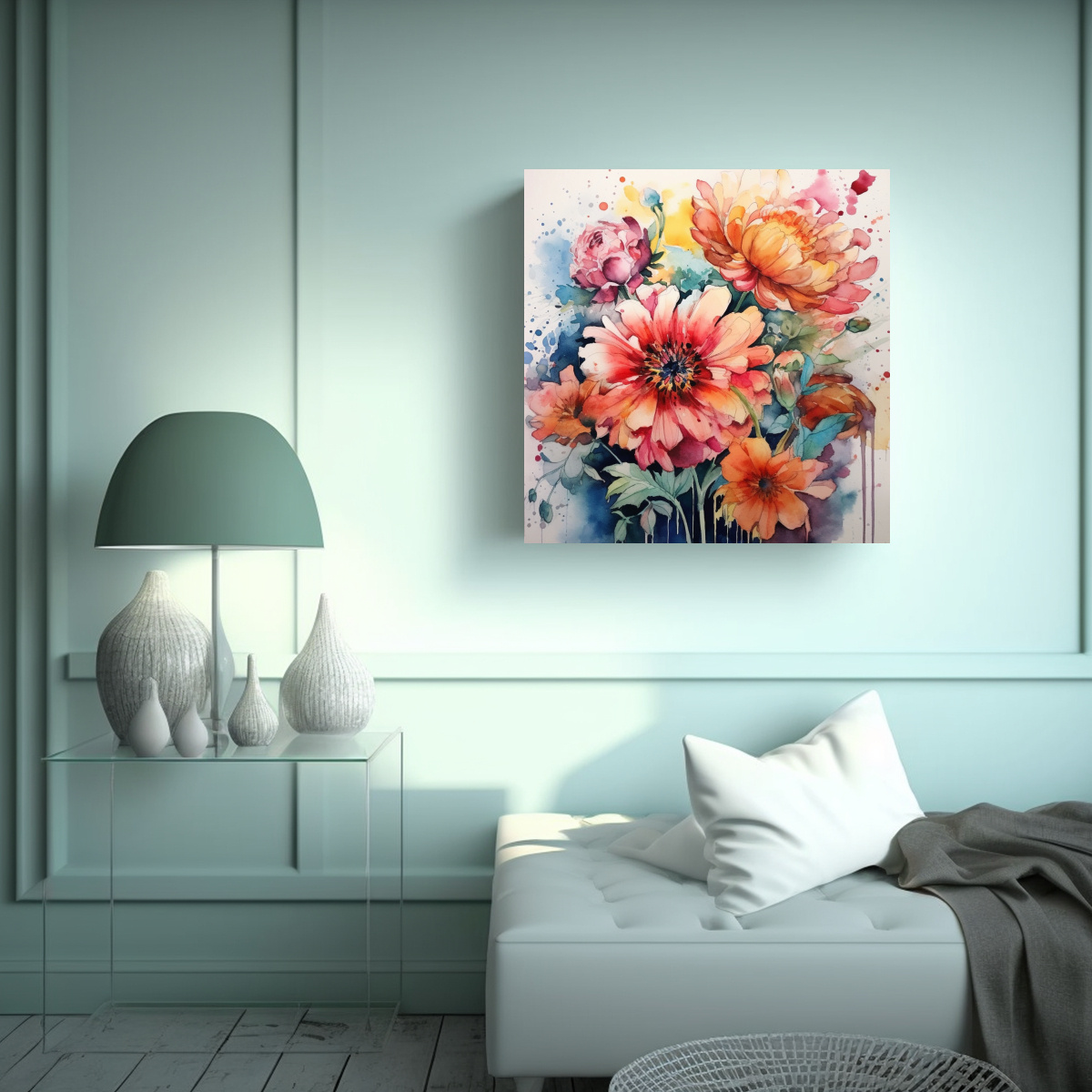 CUADRO COMPOSICIÓN DINÁMICA DE FLORES ACUARELA 90X90 CM - 2