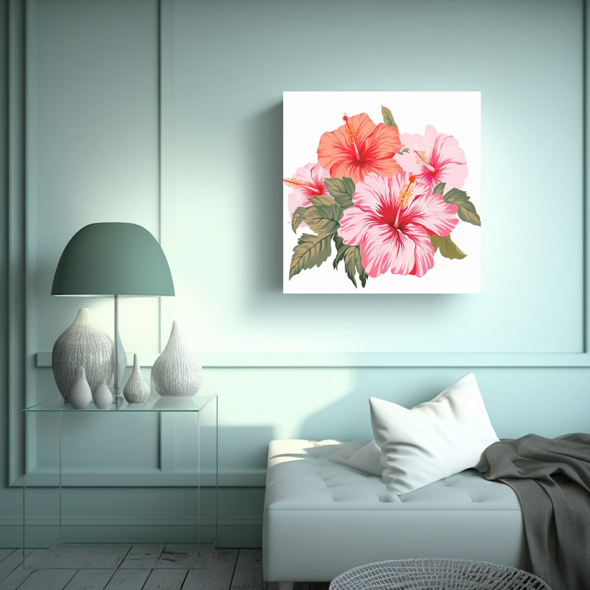 CUADRO DECORATIVO FLORAL: LIENZO DE HIBISCUS Y 80X80 CM - 2