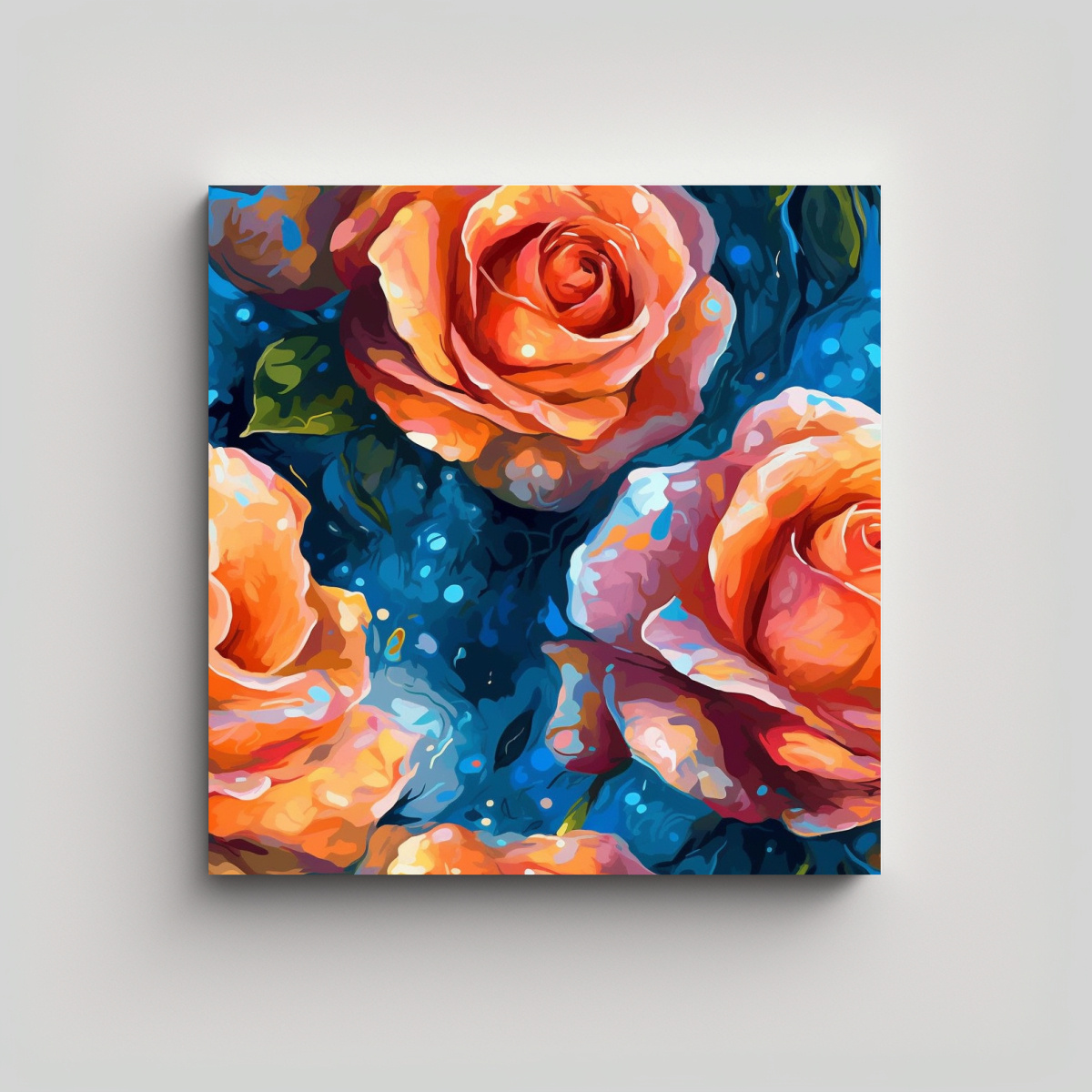 CUADRO ESTRELLADO EN TELA Y ROSAS EN ACUARELA 100X100 CM - 1